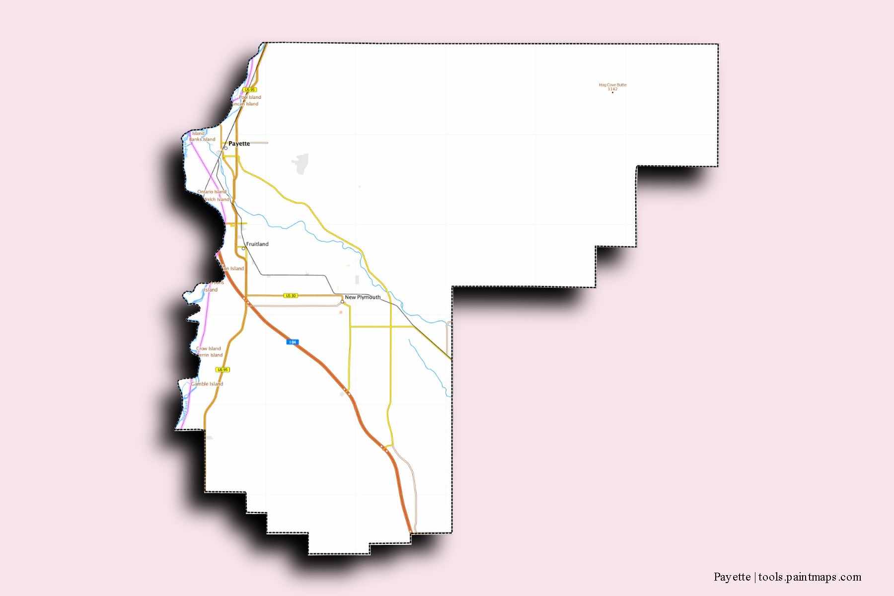 3D gölge efektli Payette County mahalleleri ve köyleri haritası