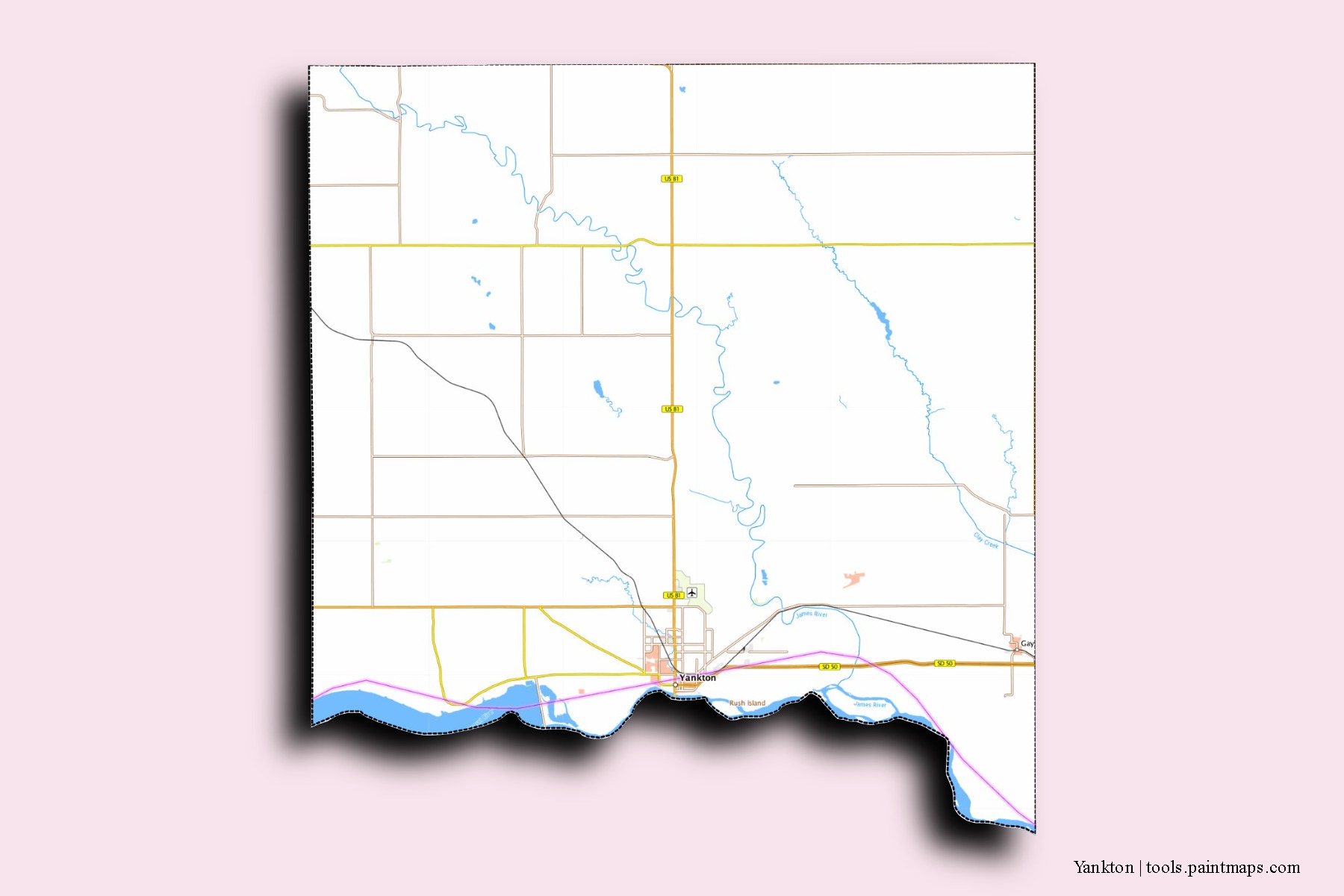 Yankton neighborhoods and villages map with 3D shadow effect