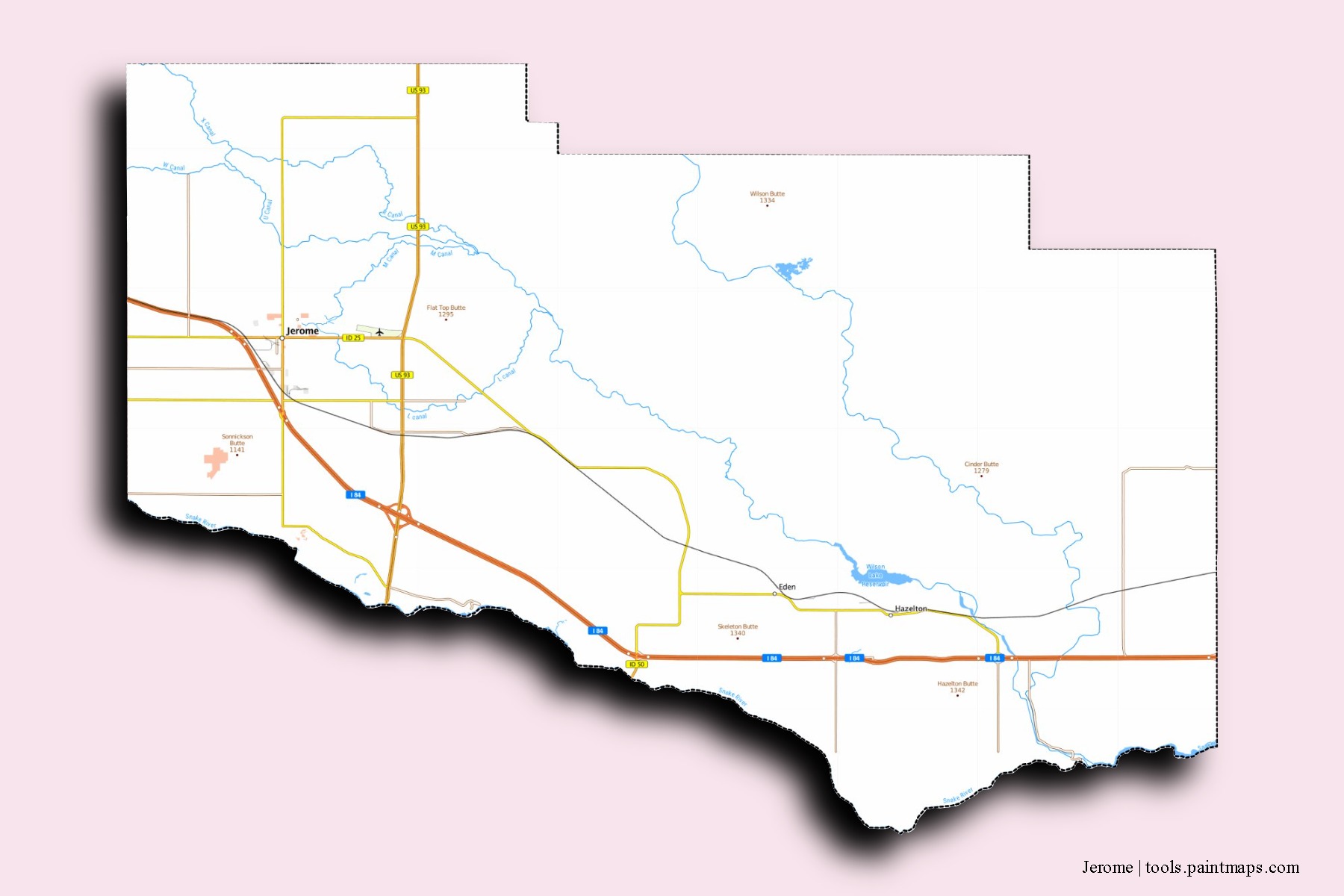 Mapa de barrios y pueblos de Jerome con efecto de sombra 3D