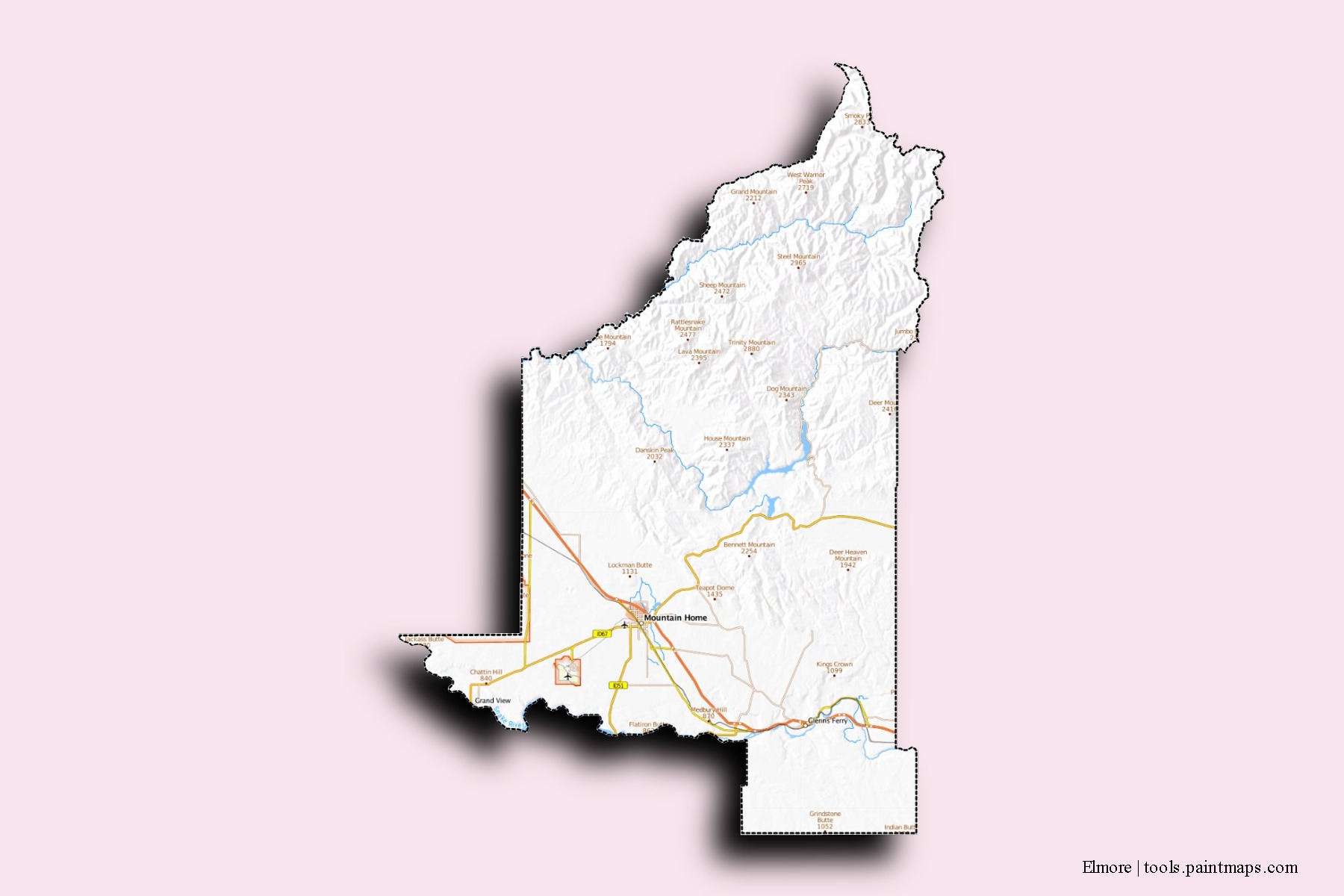 Mapa de barrios y pueblos de Elmore con efecto de sombra 3D