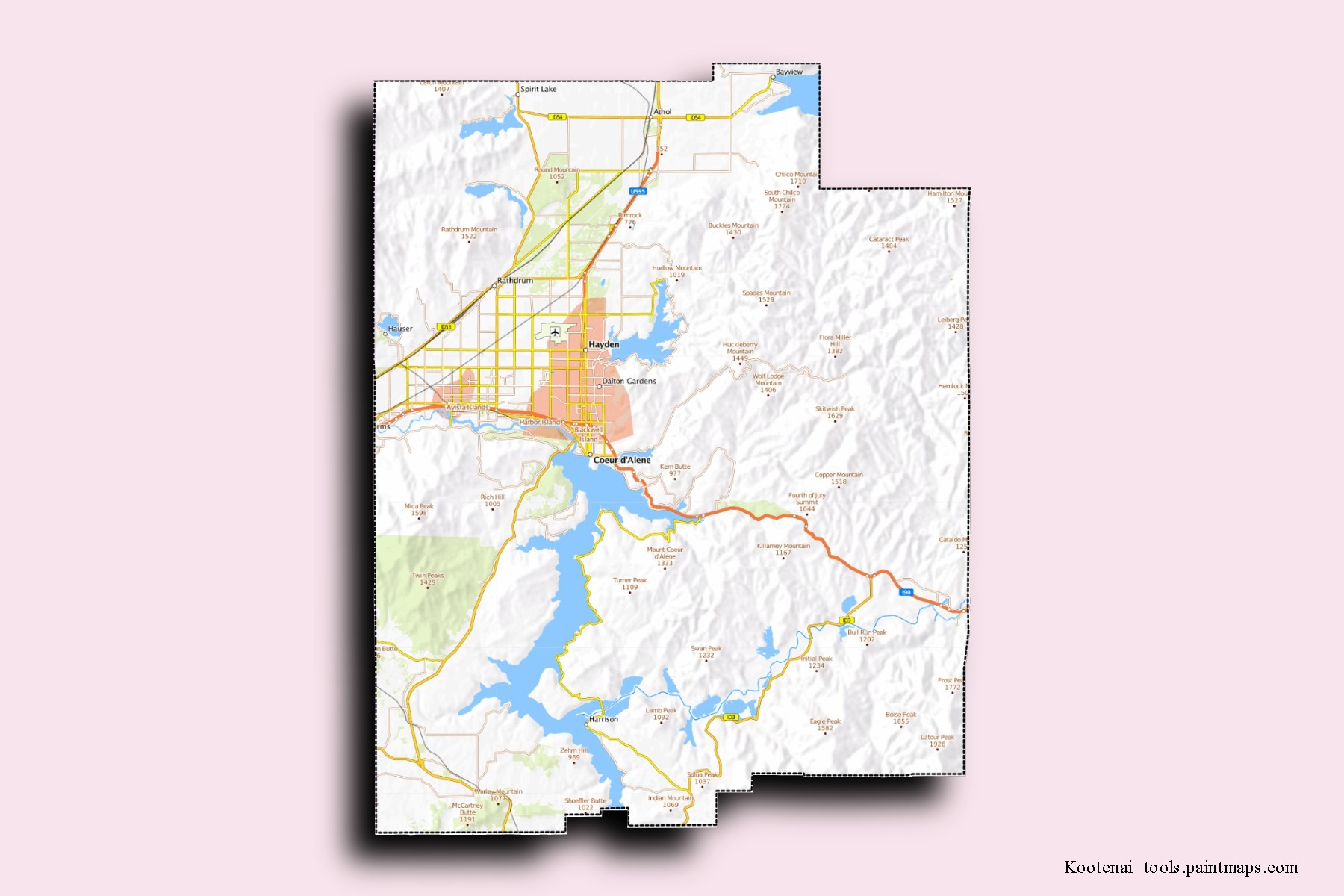 3D gölge efektli Kootenai County mahalleleri ve köyleri haritası