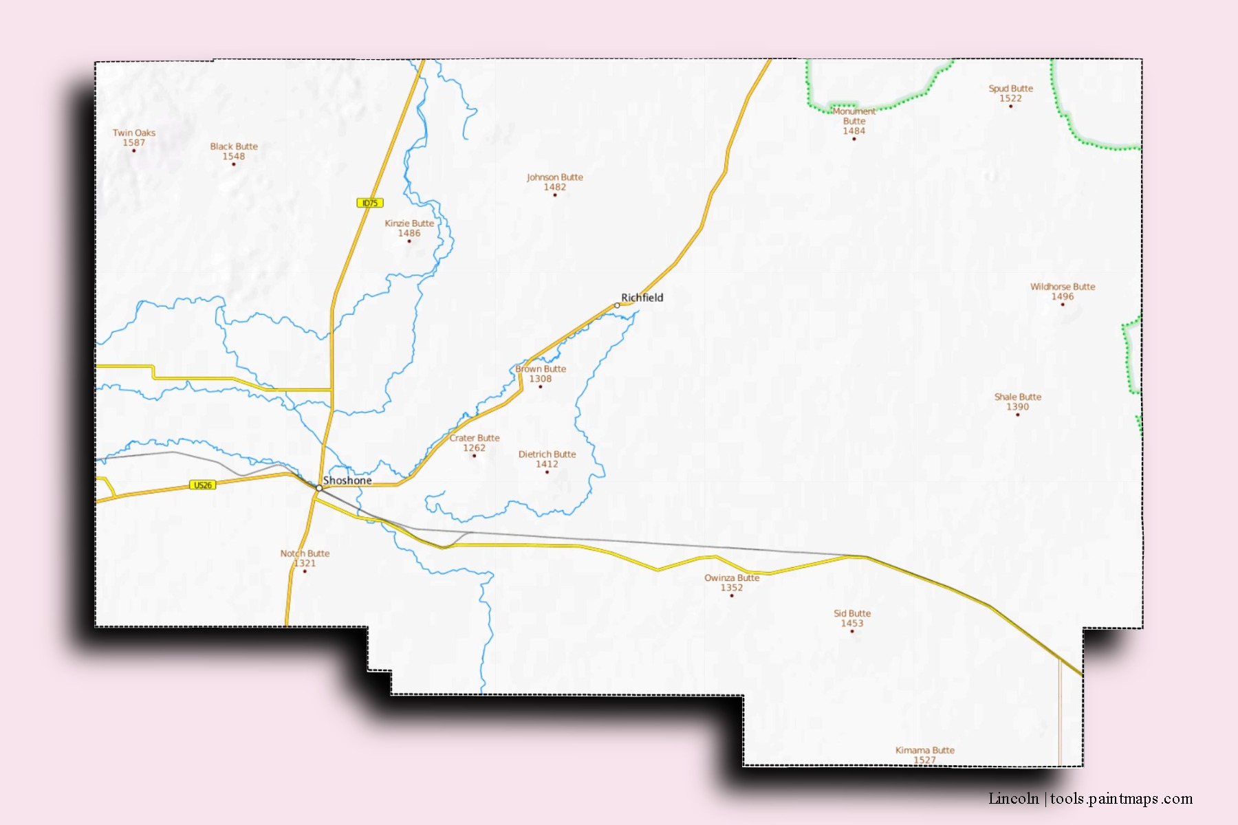 Lincoln neighborhoods and villages map with 3D shadow effect