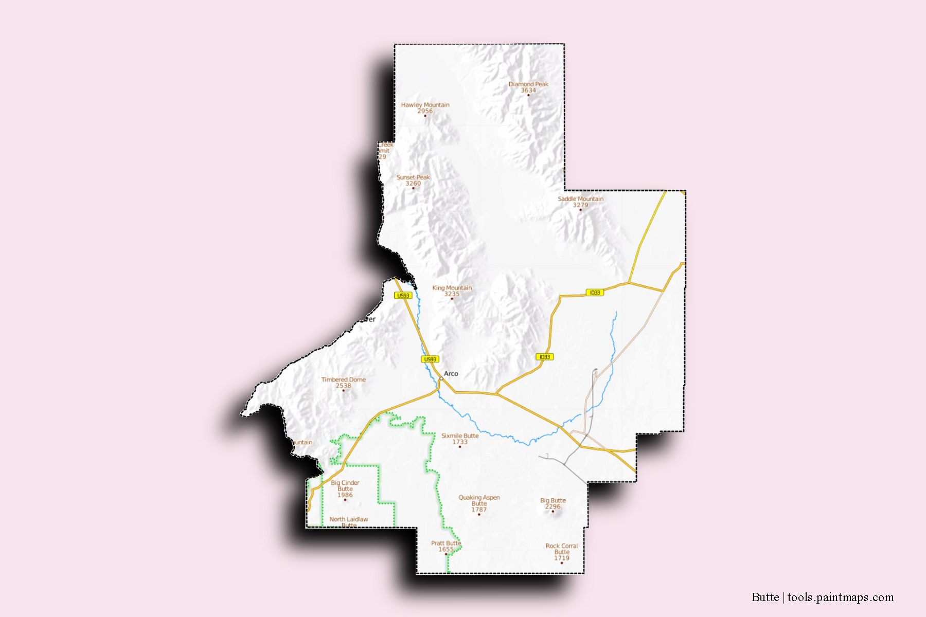 3D gölge efektli Butte County mahalleleri ve köyleri haritası