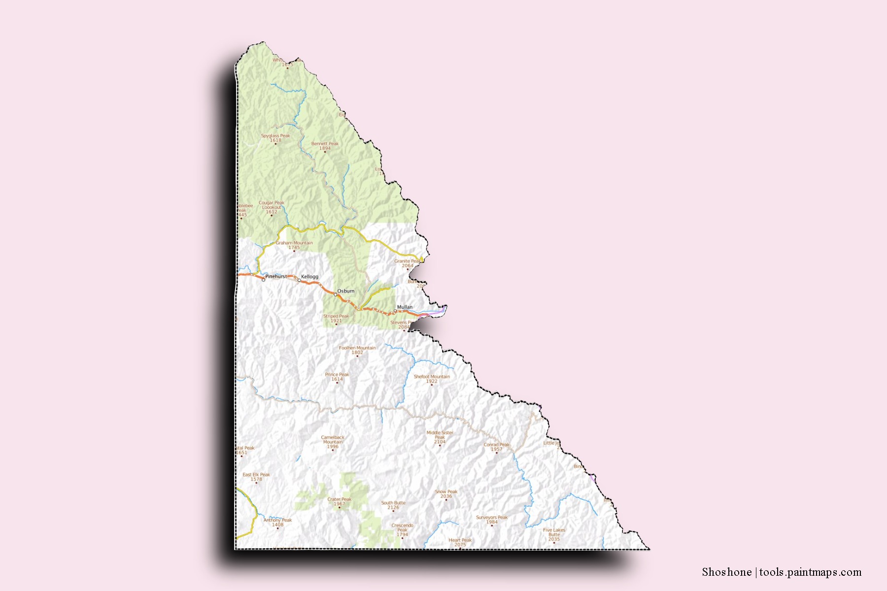 Shoshone neighborhoods and villages map with 3D shadow effect