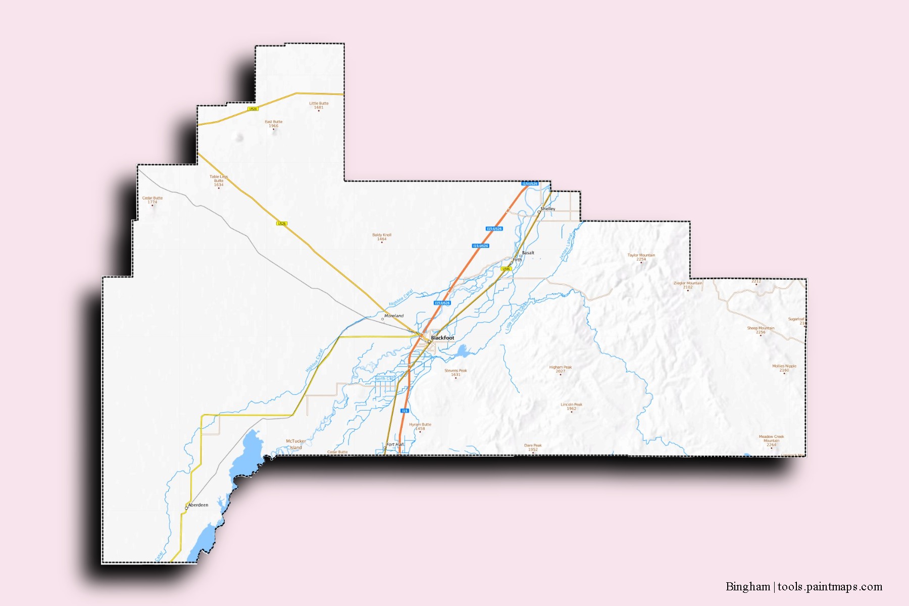 3D gölge efektli Bingham County mahalleleri ve köyleri haritası