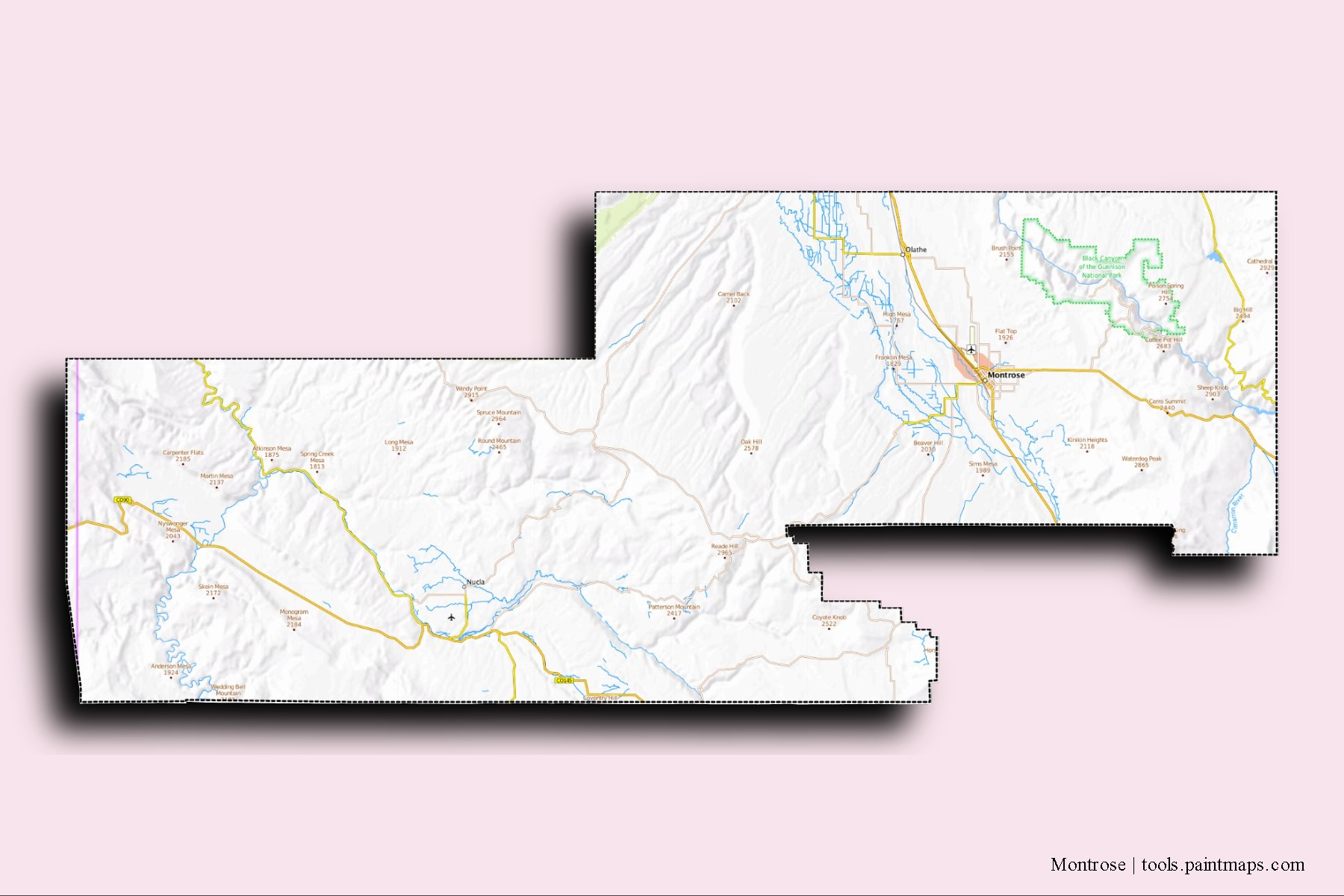 Montrose neighborhoods and villages map with 3D shadow effect