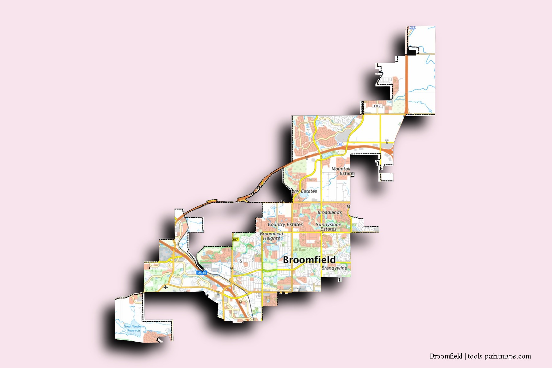 Broomfield neighborhoods and villages map with 3D shadow effect