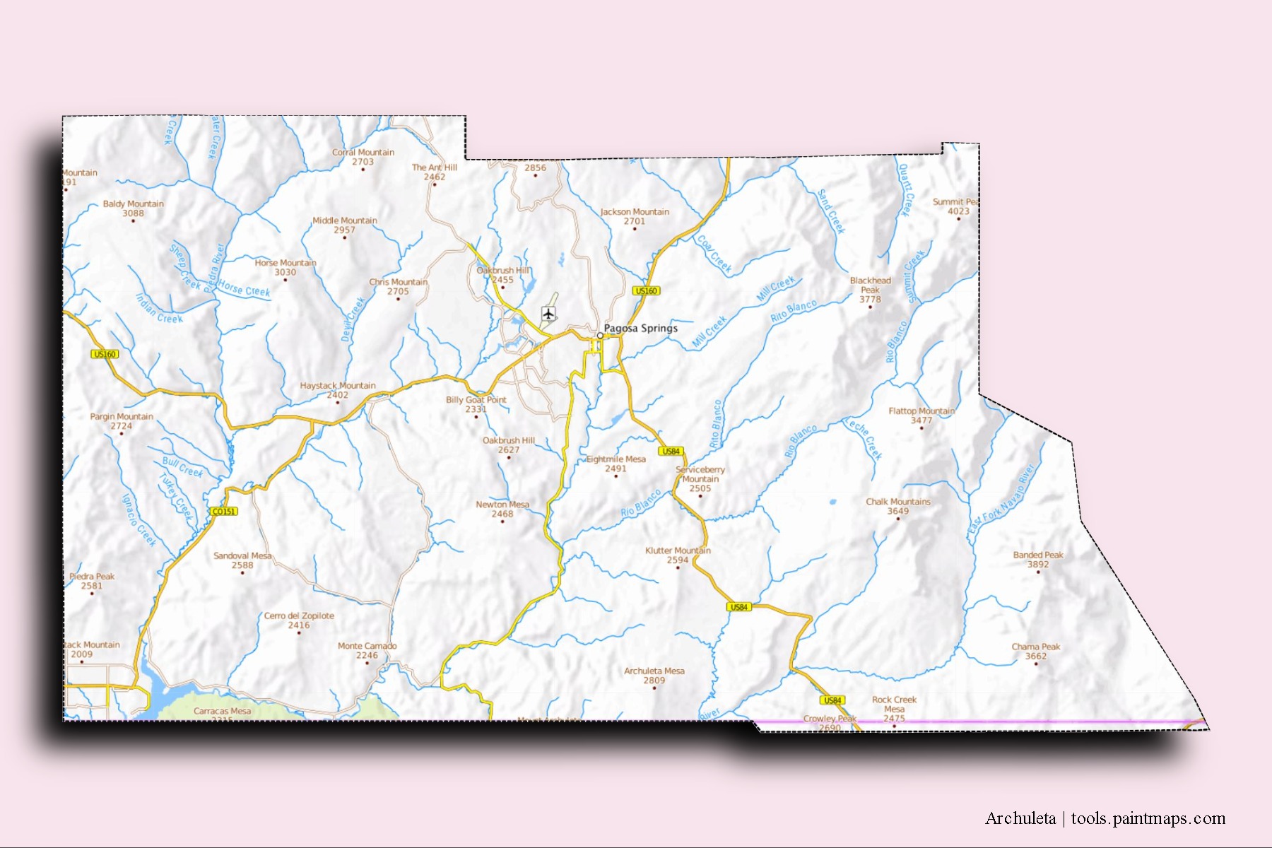 Archuleta neighborhoods and villages map with 3D shadow effect