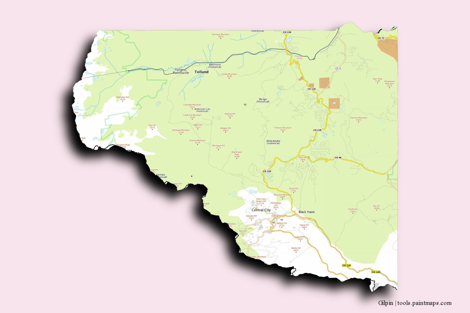 Mapa de barrios y pueblos de Gilpin con efecto de sombra 3D