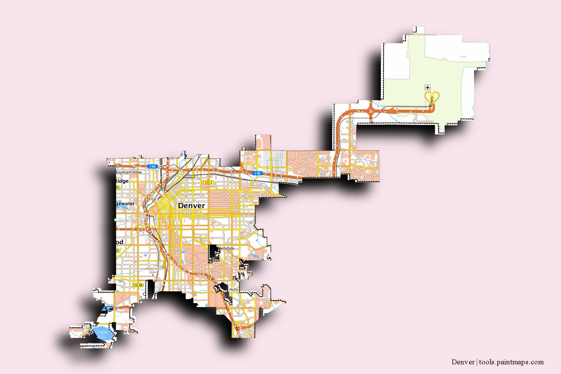 3D gölge efektli Denver mahalleleri ve köyleri haritası