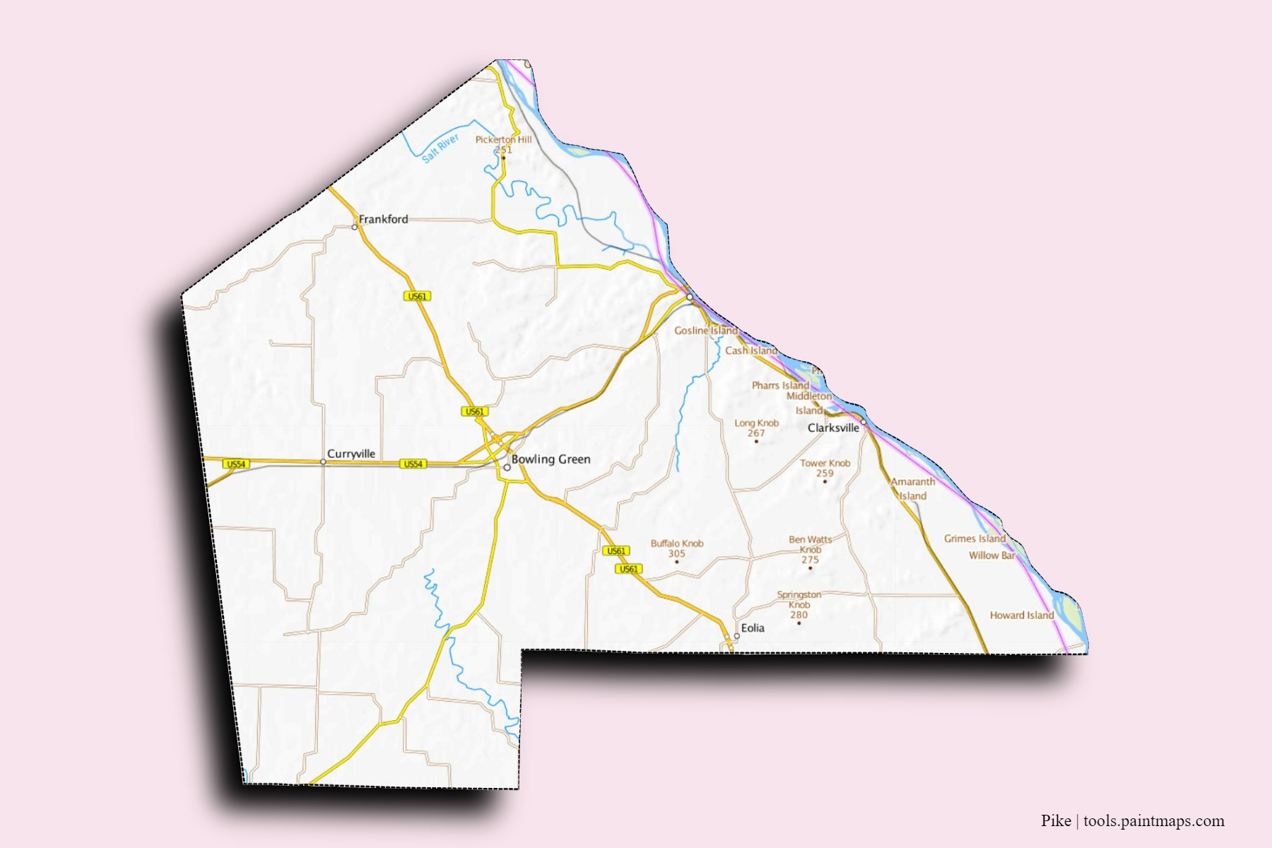 Mapa de barrios y pueblos de Pike con efecto de sombra 3D