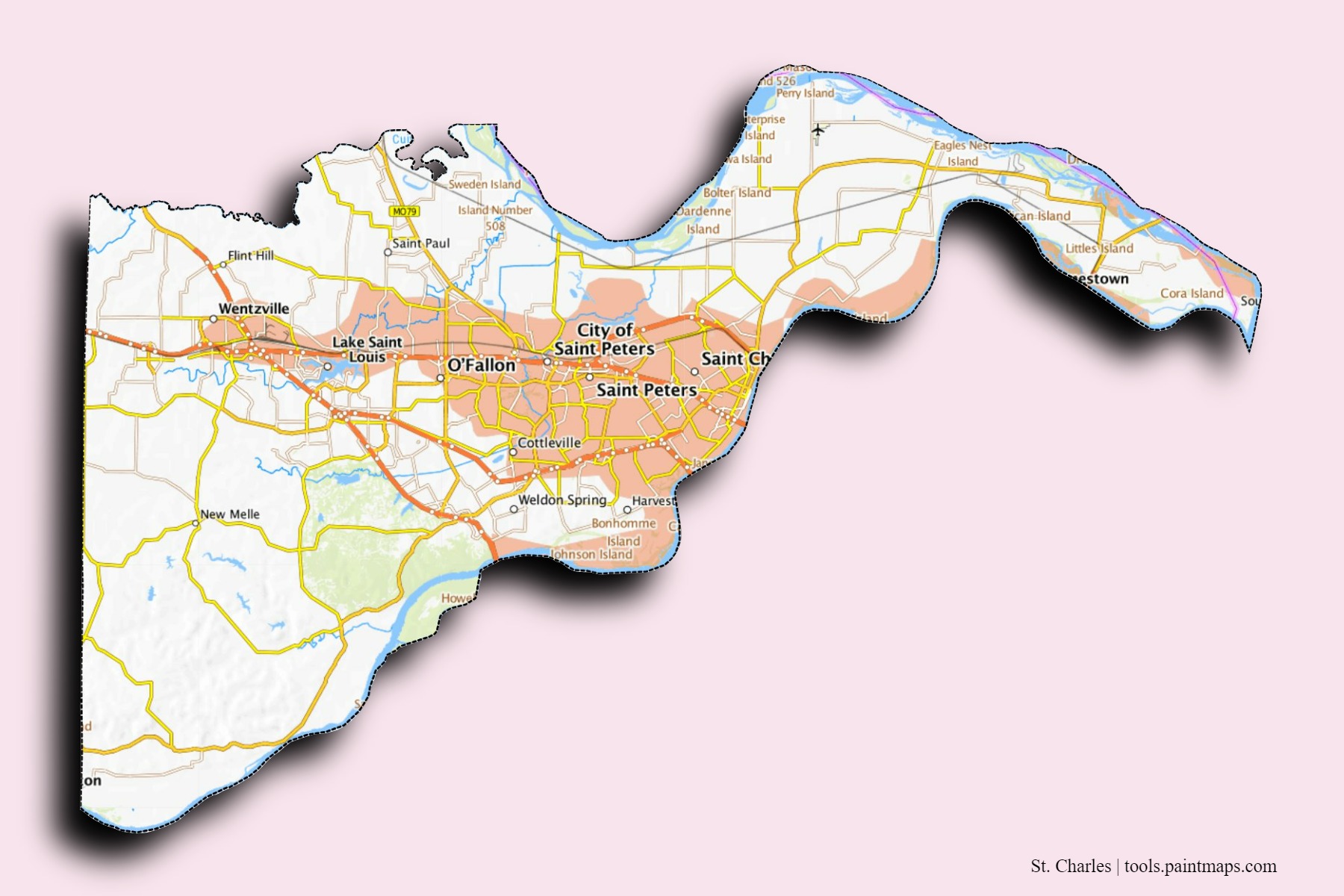 3D gölge efektli St. Charles County mahalleleri ve köyleri haritası