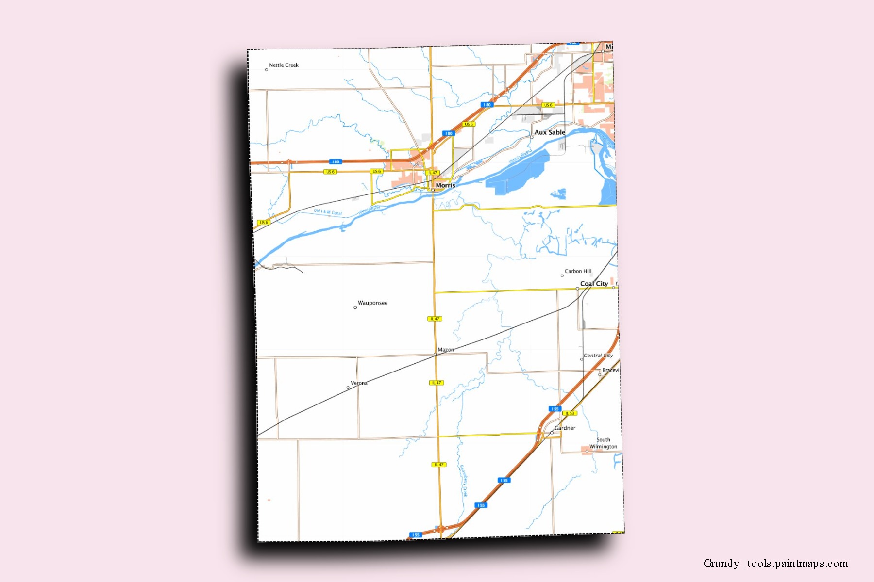 Grundy neighborhoods and villages map with 3D shadow effect