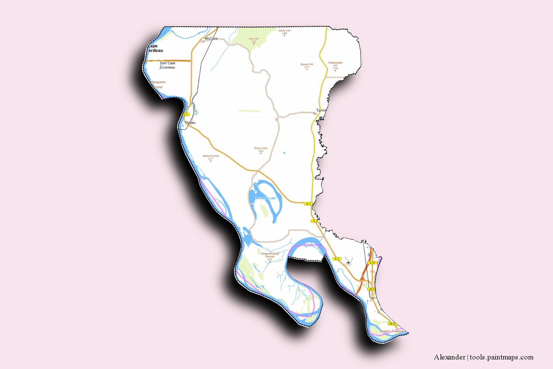 Alexander neighborhoods and villages map with 3D shadow effect