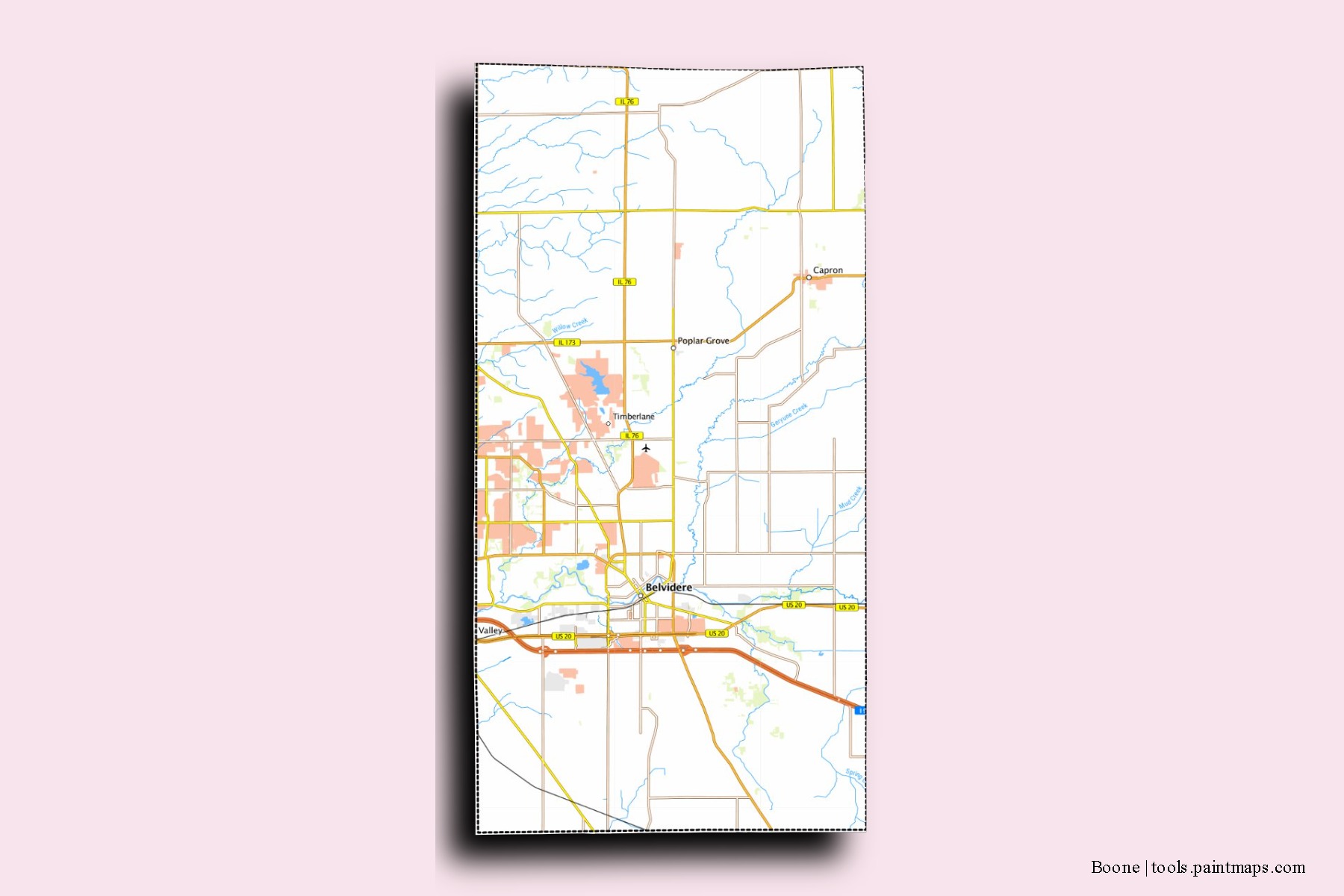 Boone neighborhoods and villages map with 3D shadow effect