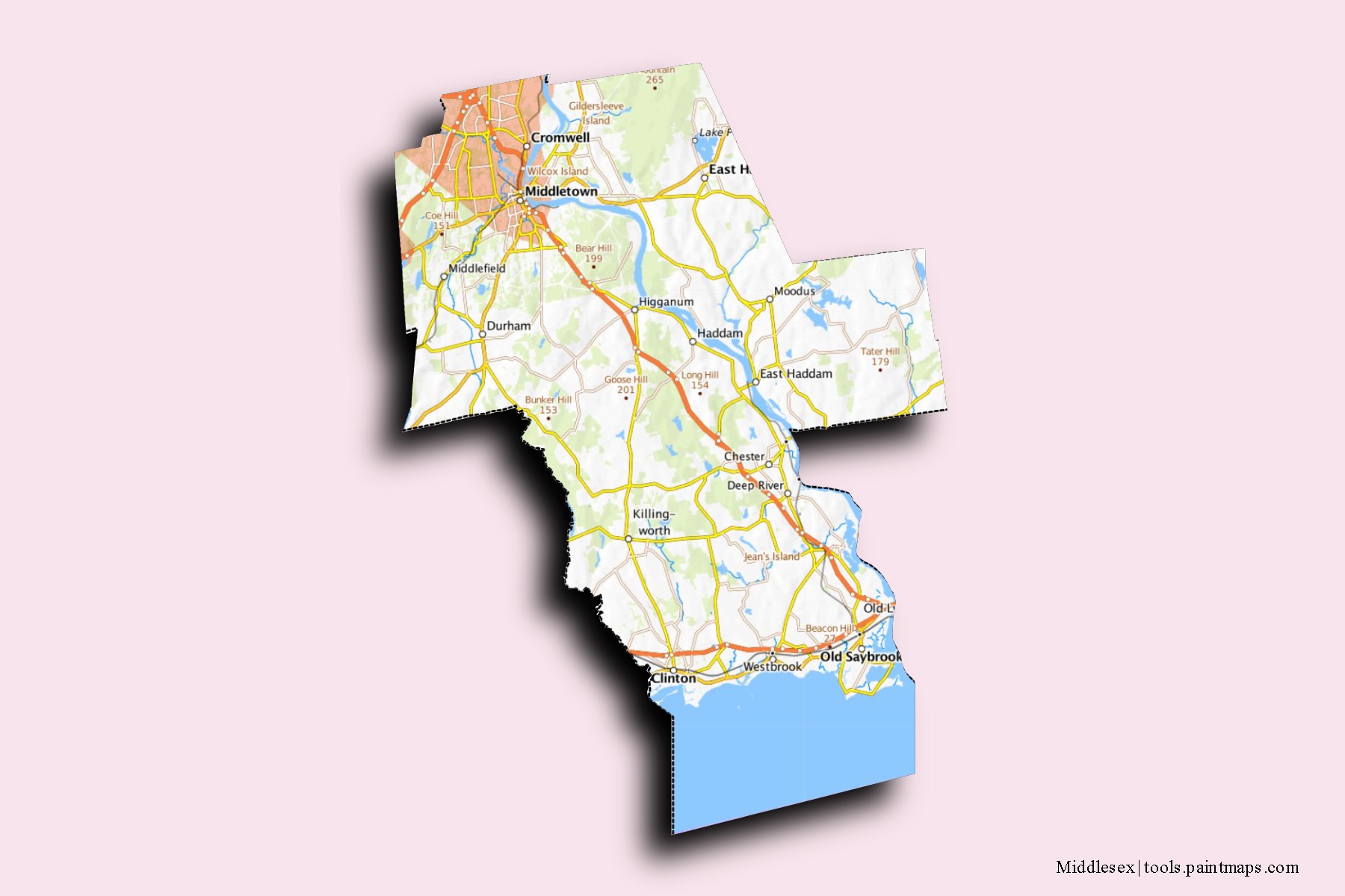 Middlesex neighborhoods and villages map with 3D shadow effect