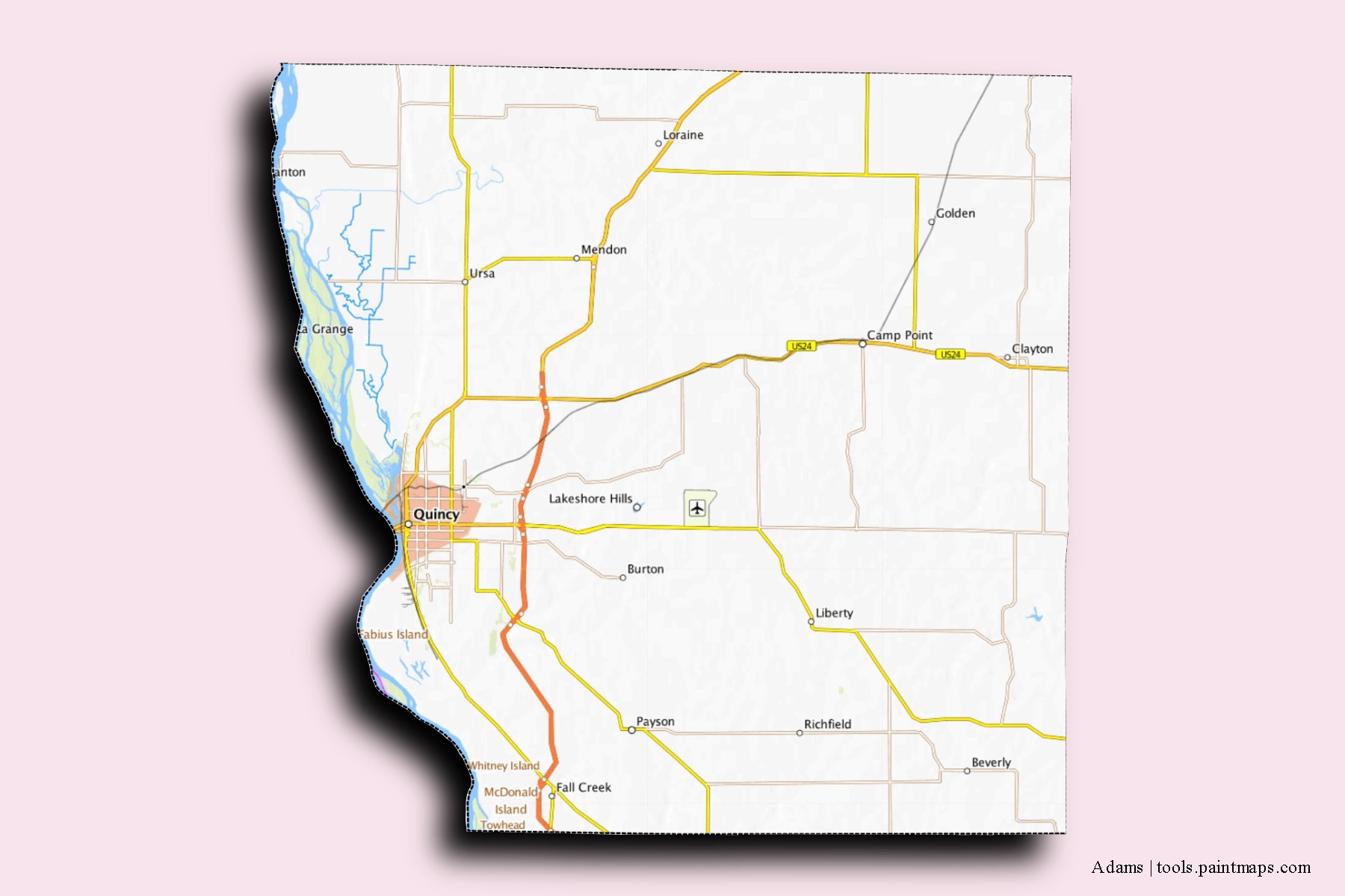 Adams neighborhoods and villages map with 3D shadow effect