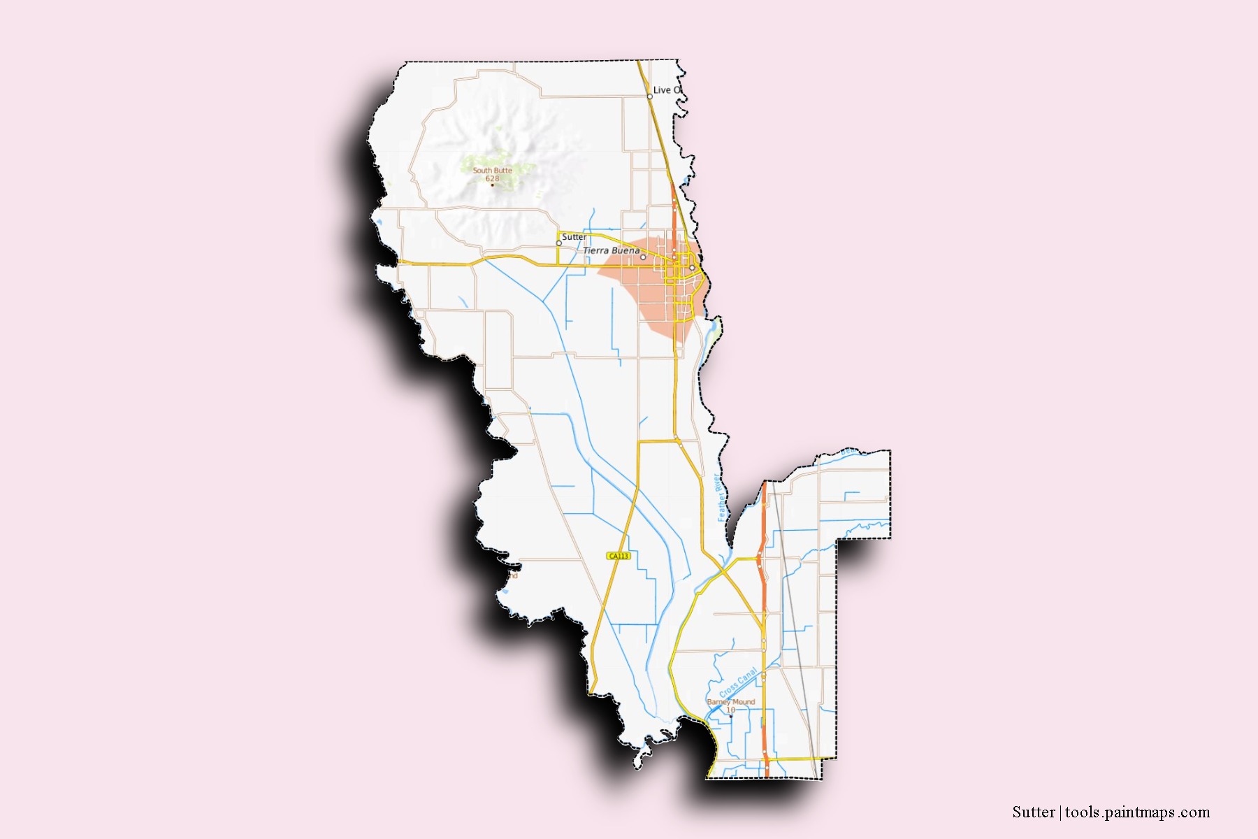 Mapa de barrios y pueblos de Sutter con efecto de sombra 3D