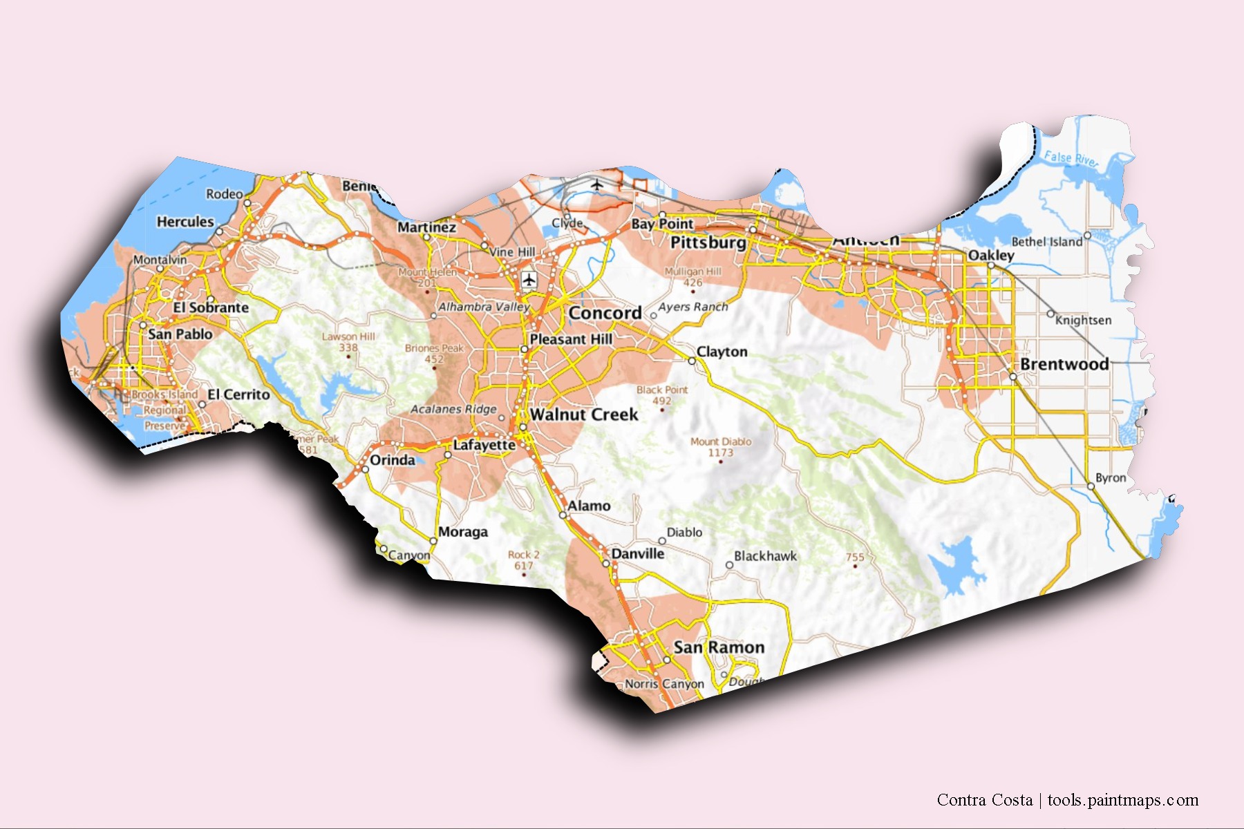 Contra Costa neighborhoods and villages map with 3D shadow effect