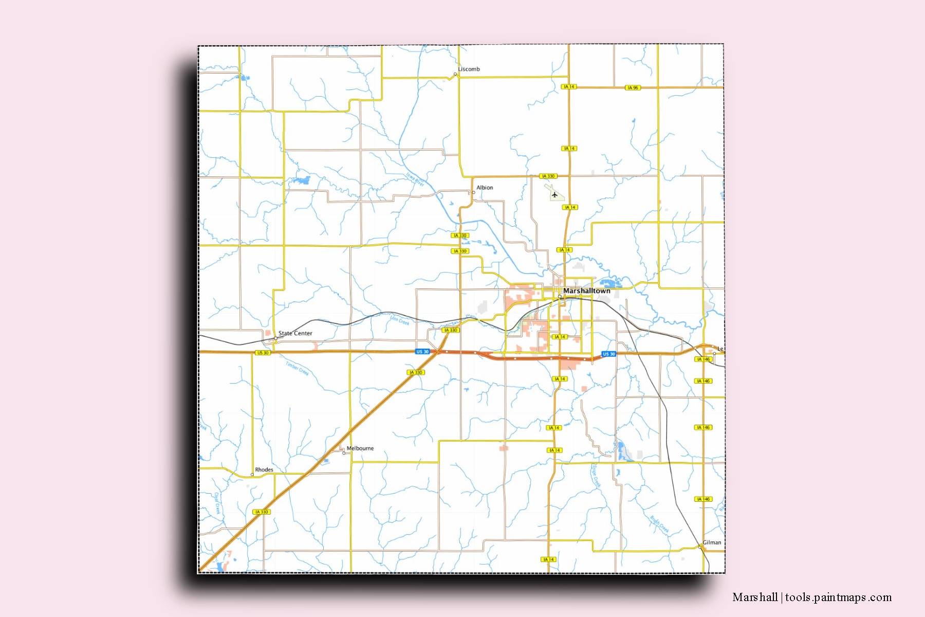 Marshall neighborhoods and villages map with 3D shadow effect