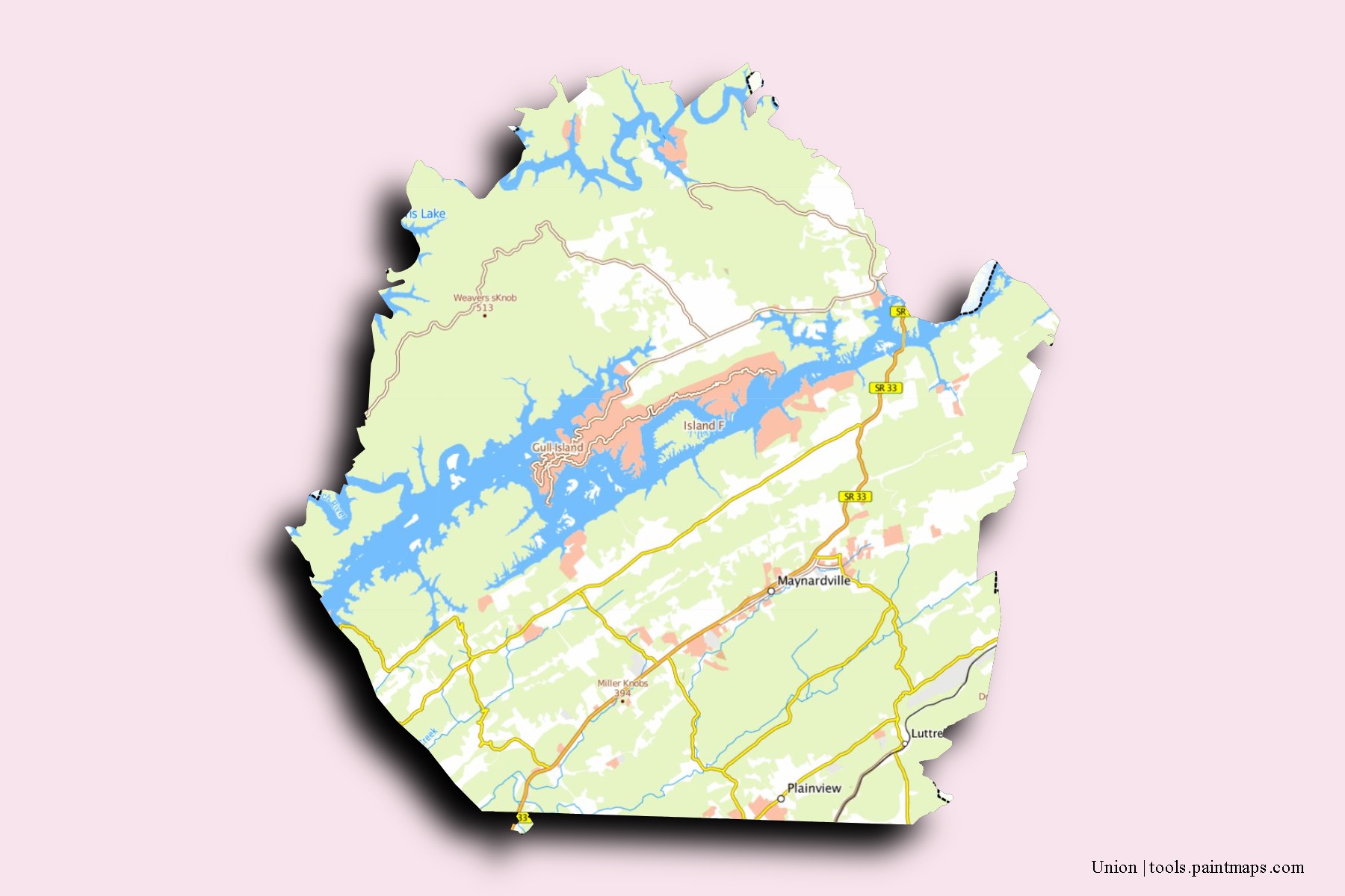 Mapa de barrios y pueblos de Union con efecto de sombra 3D