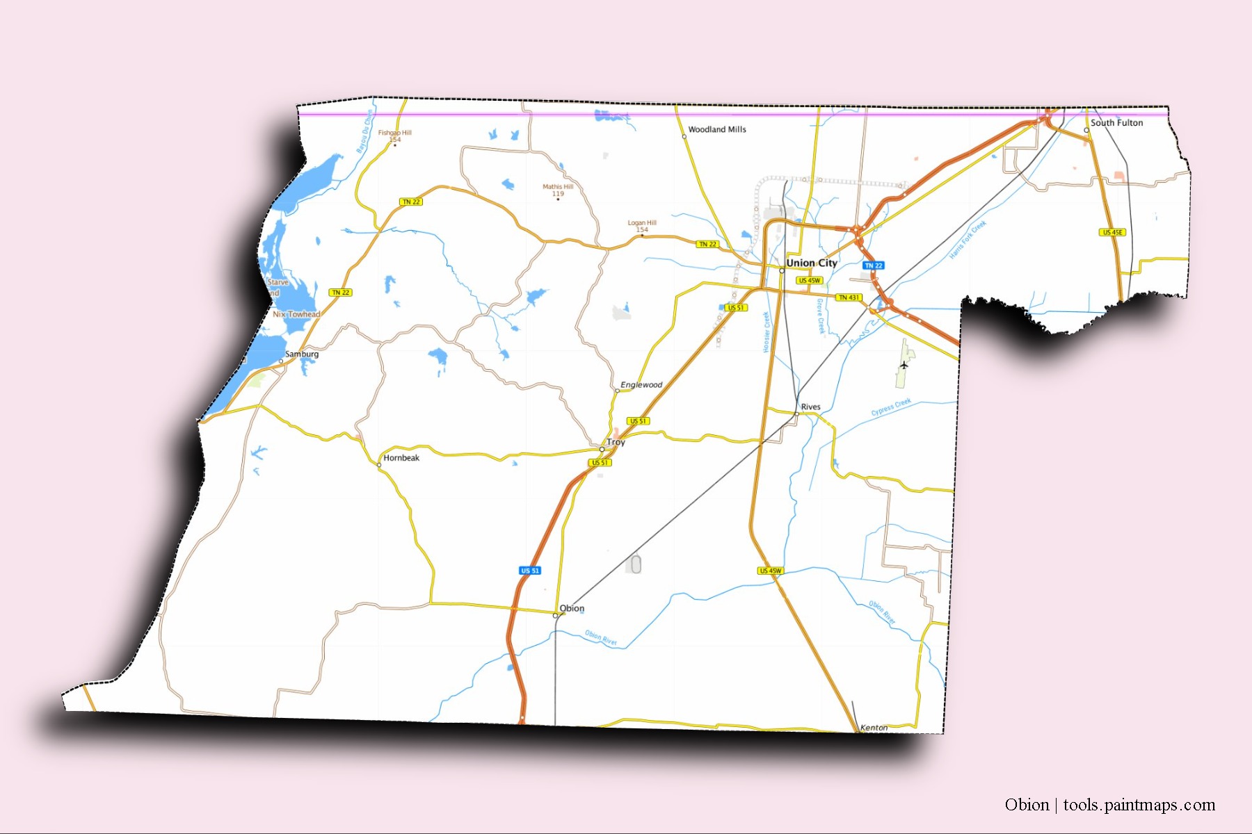 Mapa de barrios y pueblos de Obion con efecto de sombra 3D