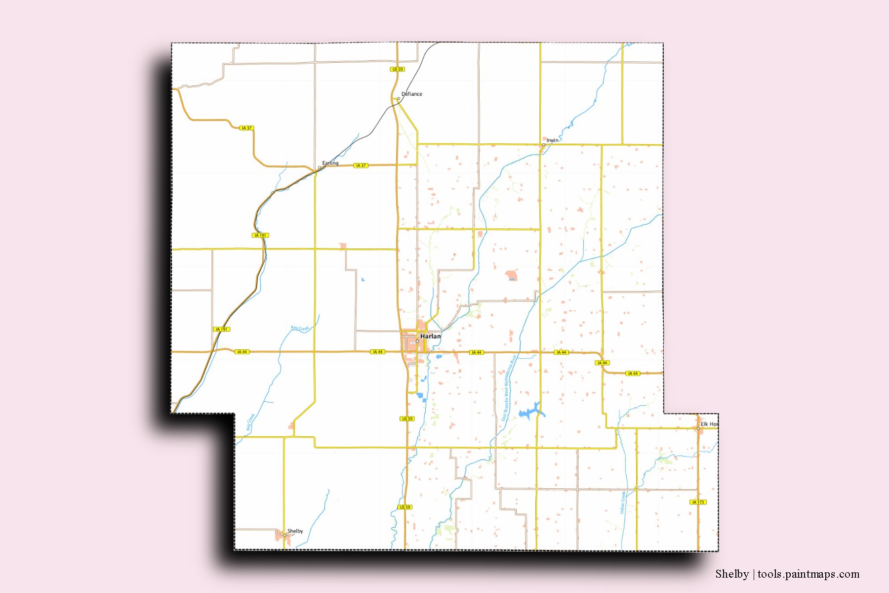 Mapa de barrios y pueblos de Shelby con efecto de sombra 3D