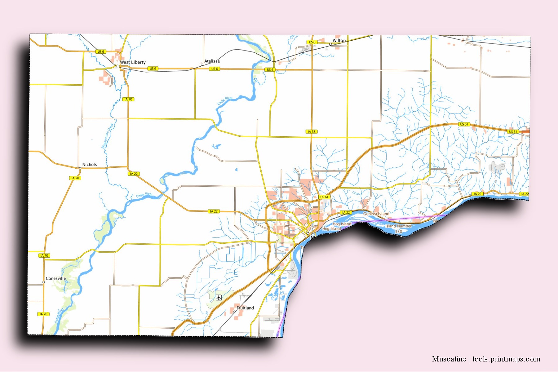 Muscatine neighborhoods and villages map with 3D shadow effect