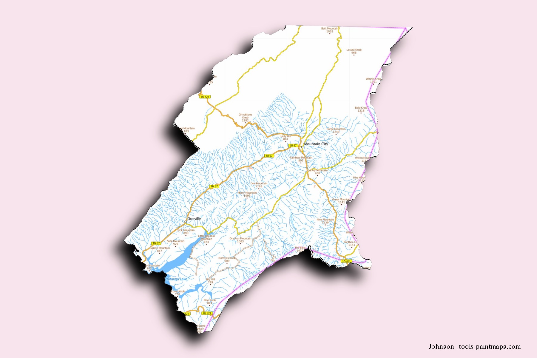 Johnson neighborhoods and villages map with 3D shadow effect