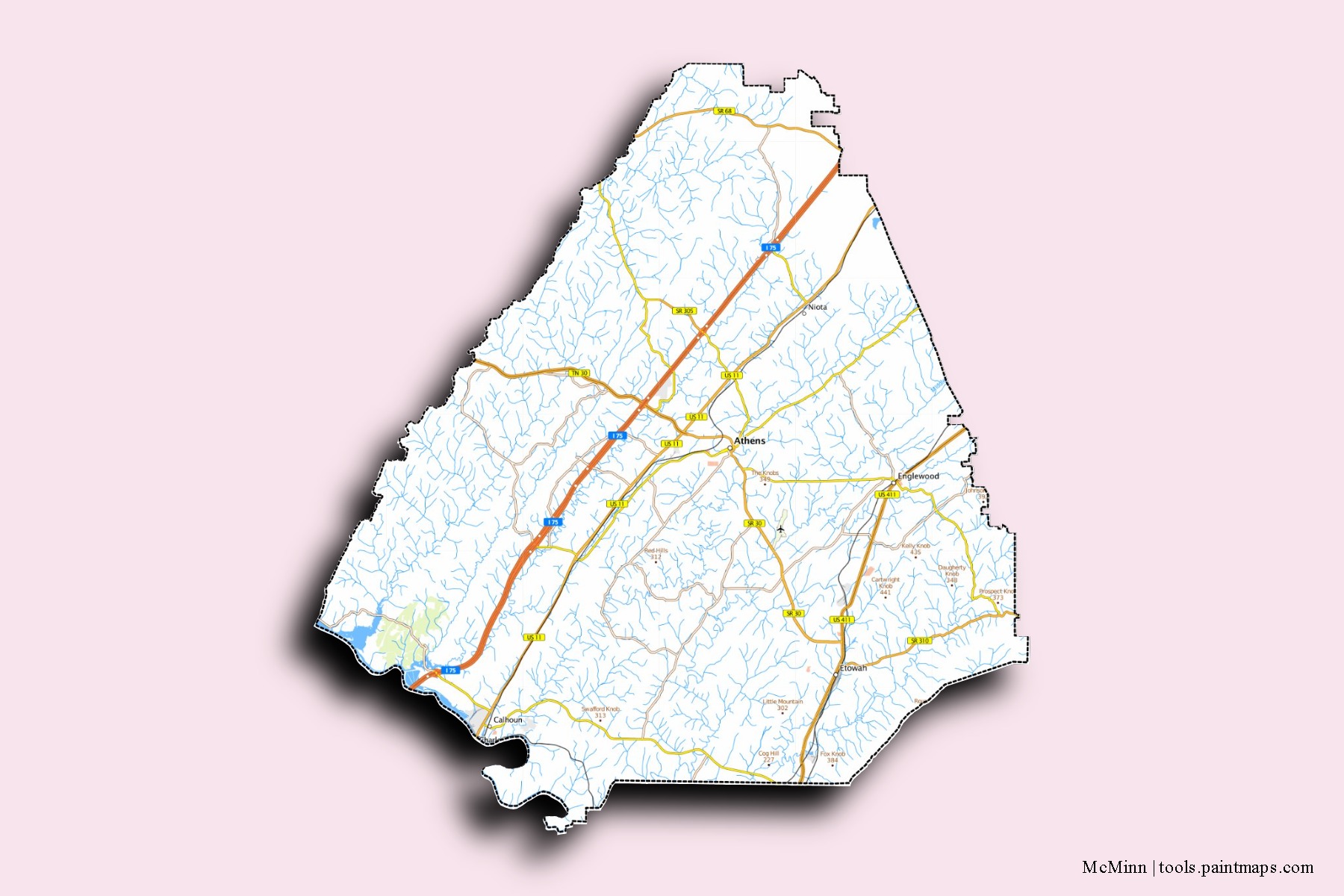 3D gölge efektli McMinn mahalleleri ve köyleri haritası