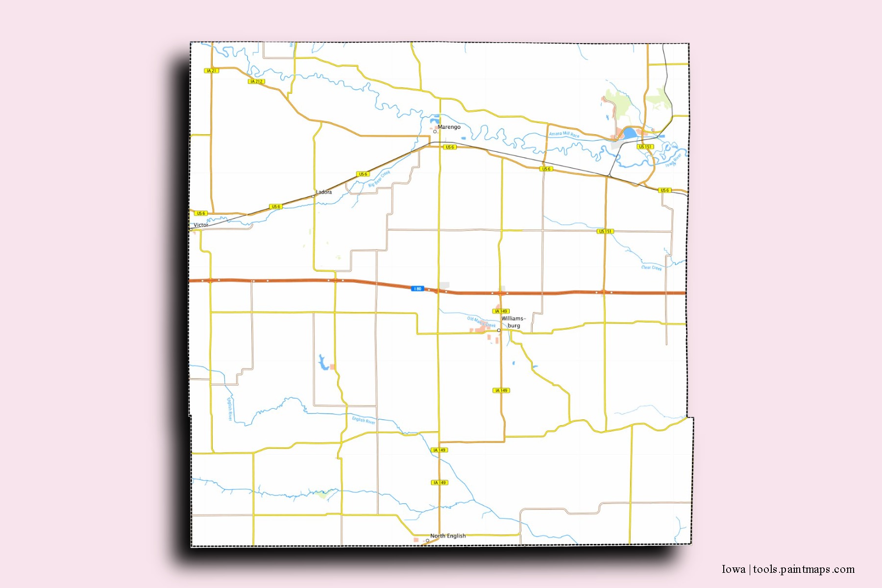 Iowa neighborhoods and villages map with 3D shadow effect