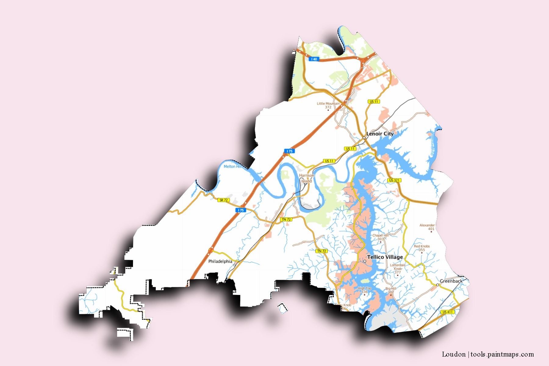 Loudon neighborhoods and villages map with 3D shadow effect