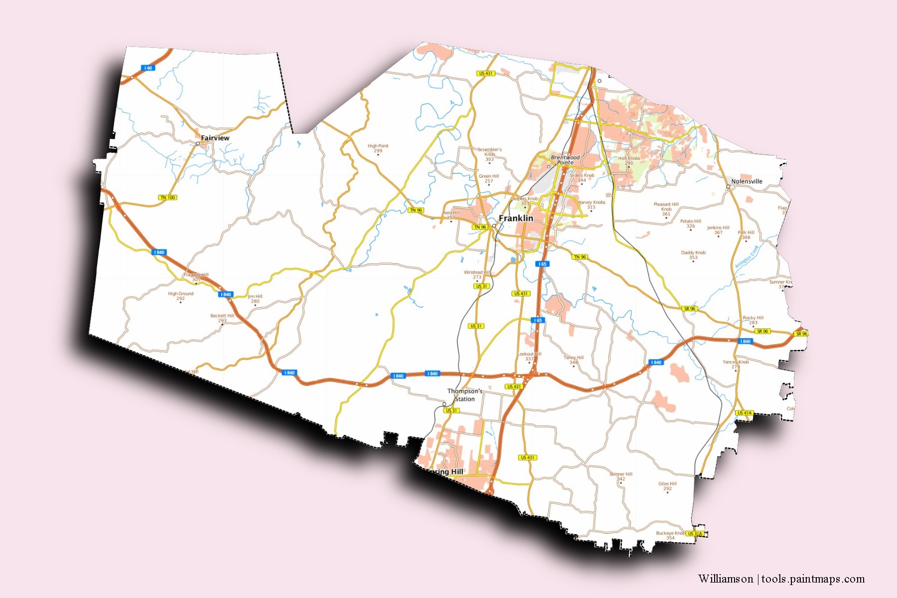 Williamson neighborhoods and villages map with 3D shadow effect