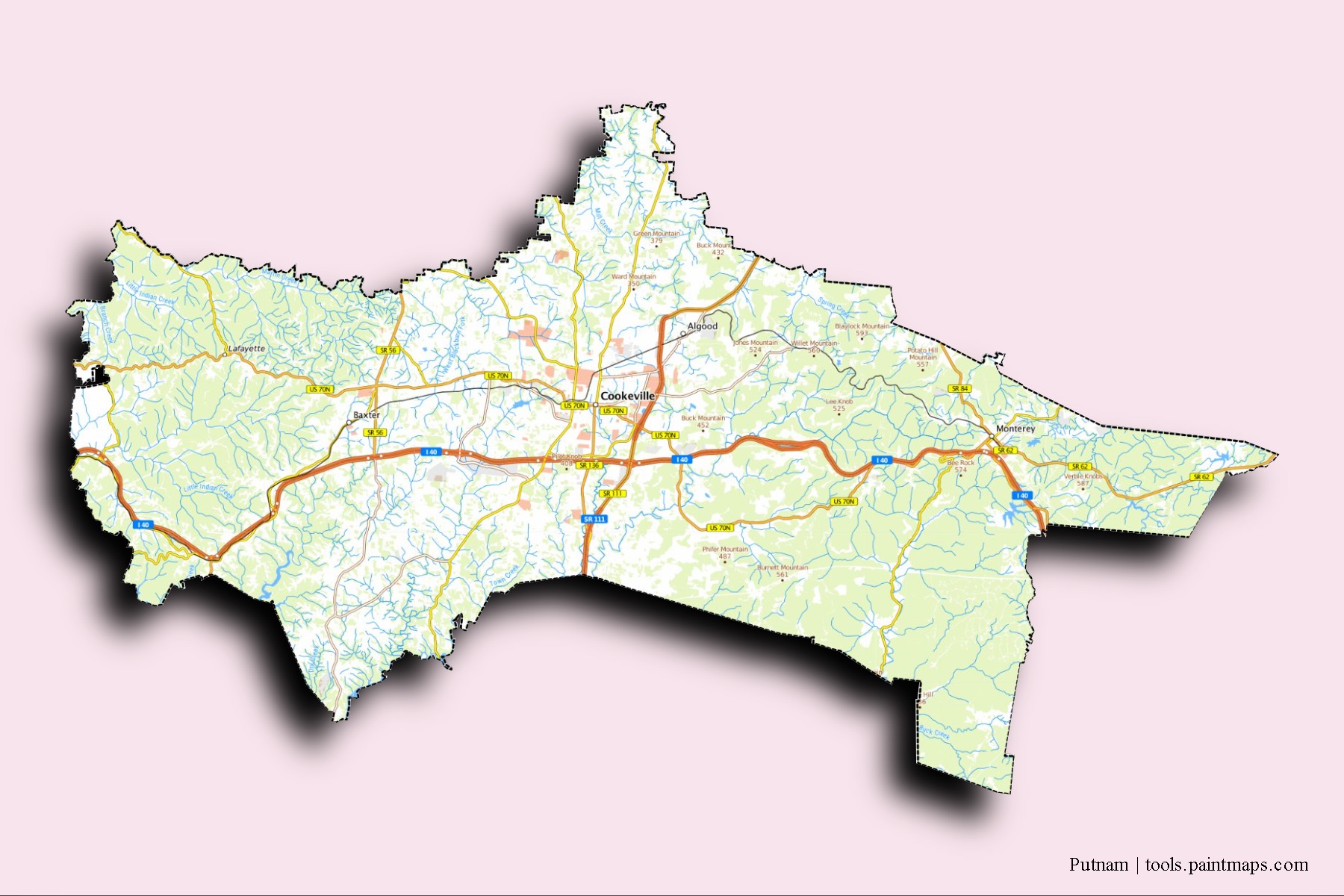 Putnam neighborhoods and villages map with 3D shadow effect