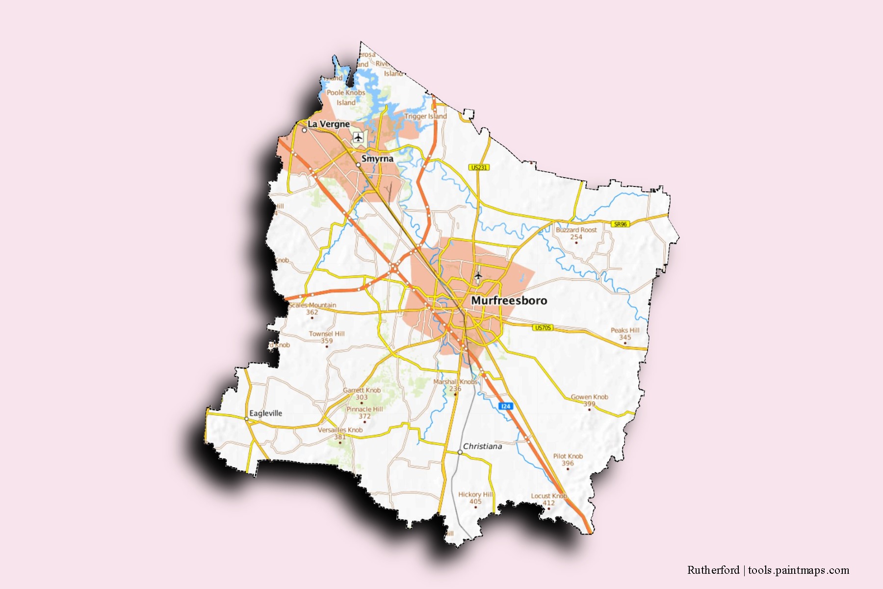 Mapa de barrios y pueblos de Rutherford con efecto de sombra 3D