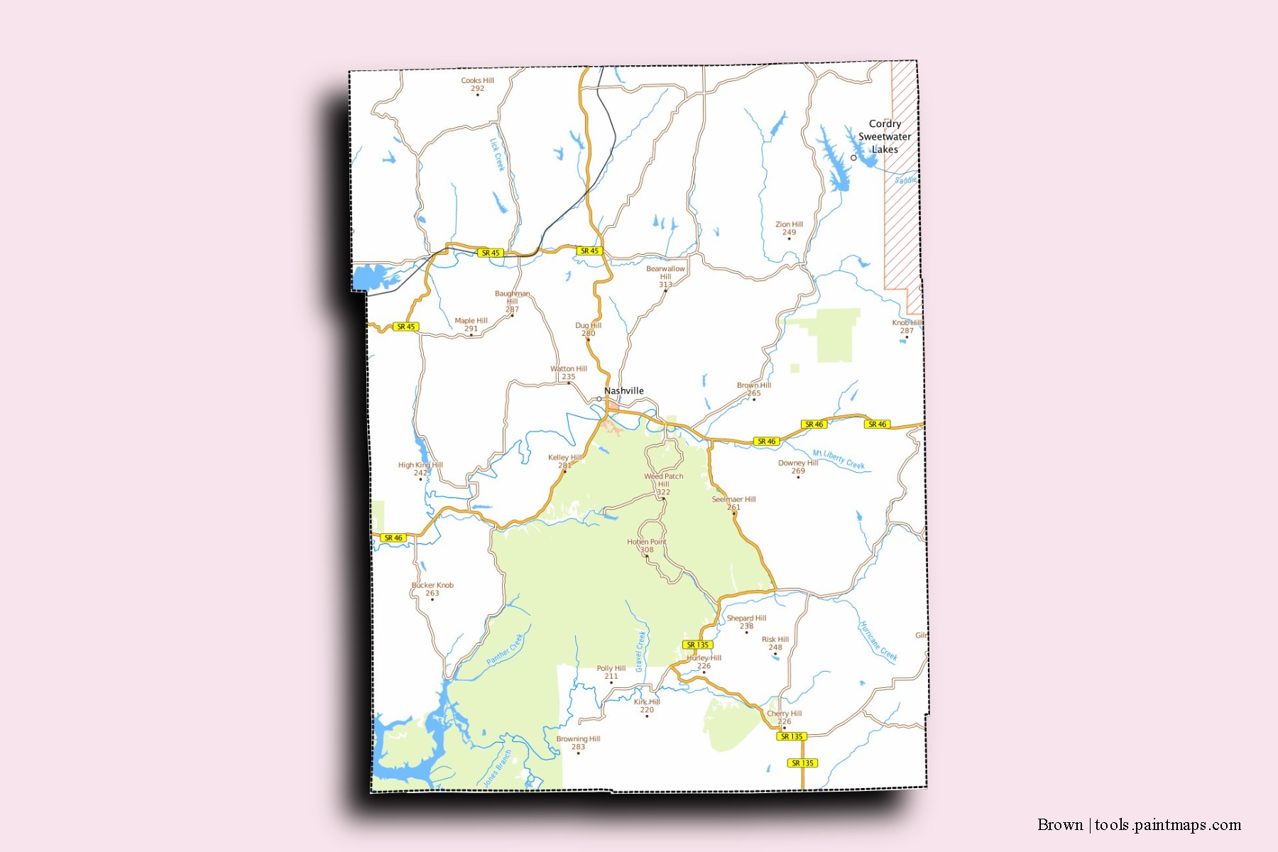 Mapa de barrios y pueblos de Brown con efecto de sombra 3D