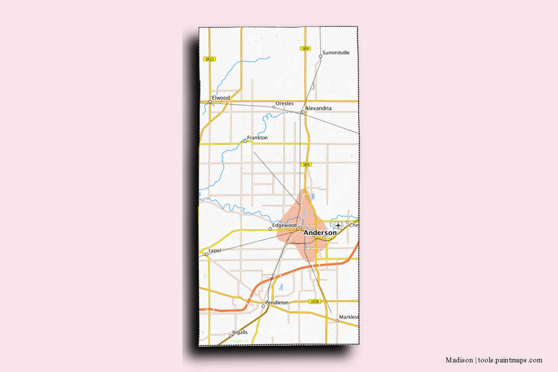 Mapa de barrios y pueblos de Madison con efecto de sombra 3D