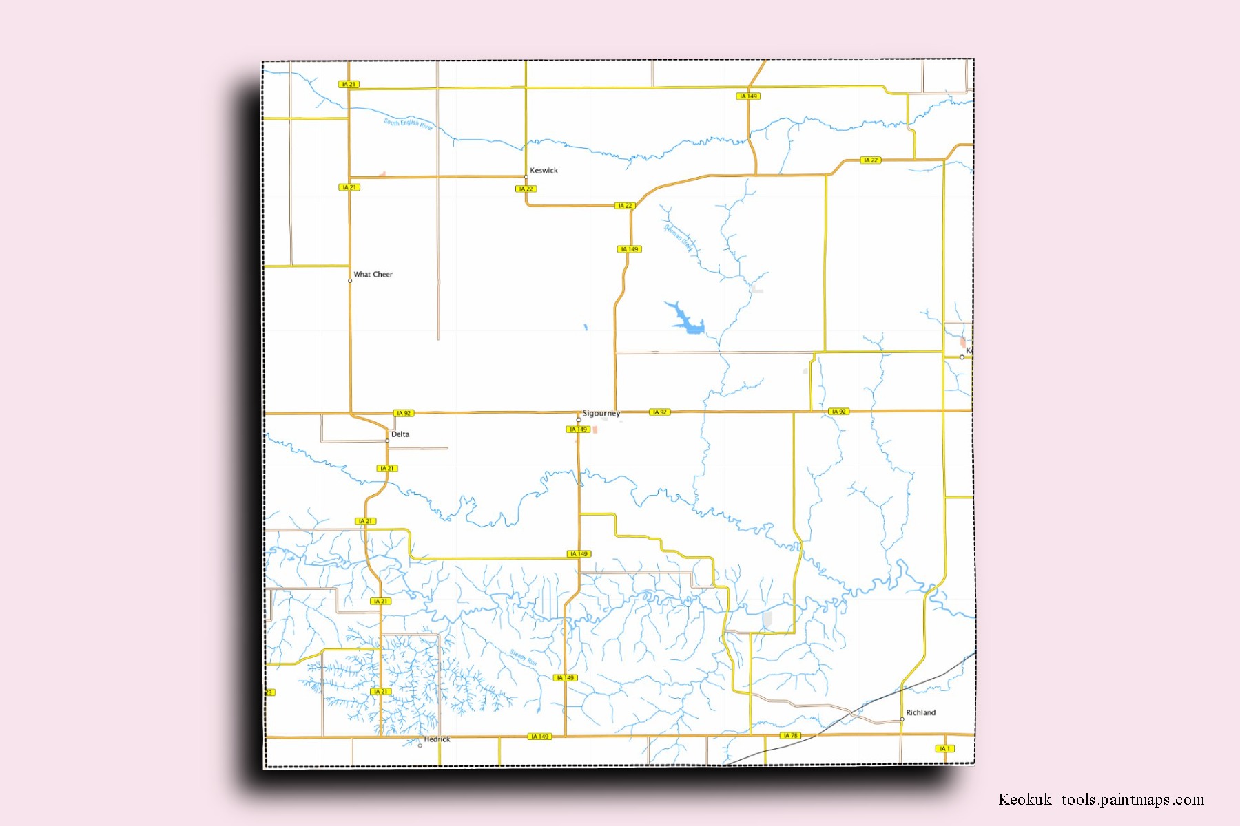 Keokuk neighborhoods and villages map with 3D shadow effect