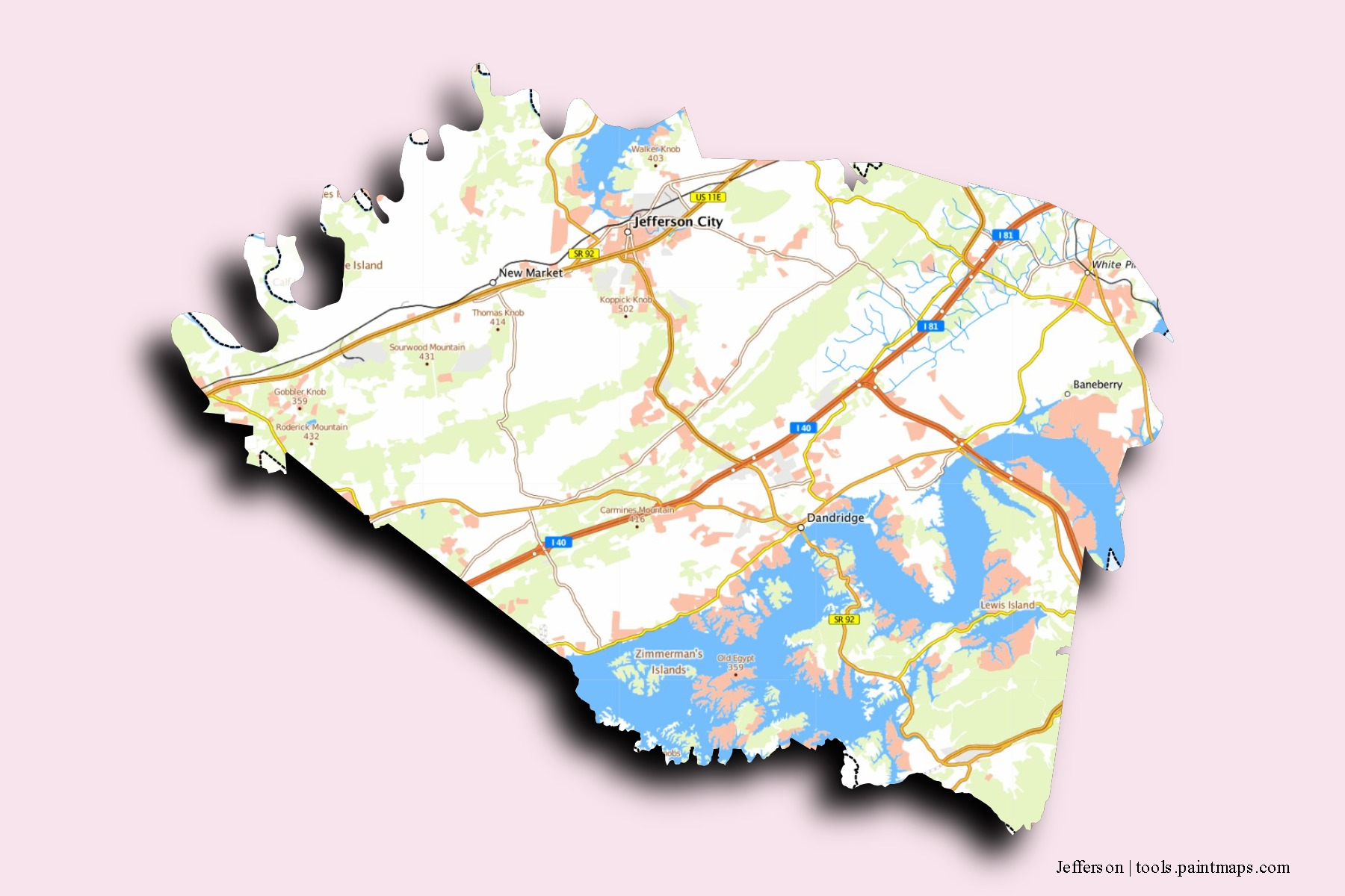 Jefferson neighborhoods and villages map with 3D shadow effect