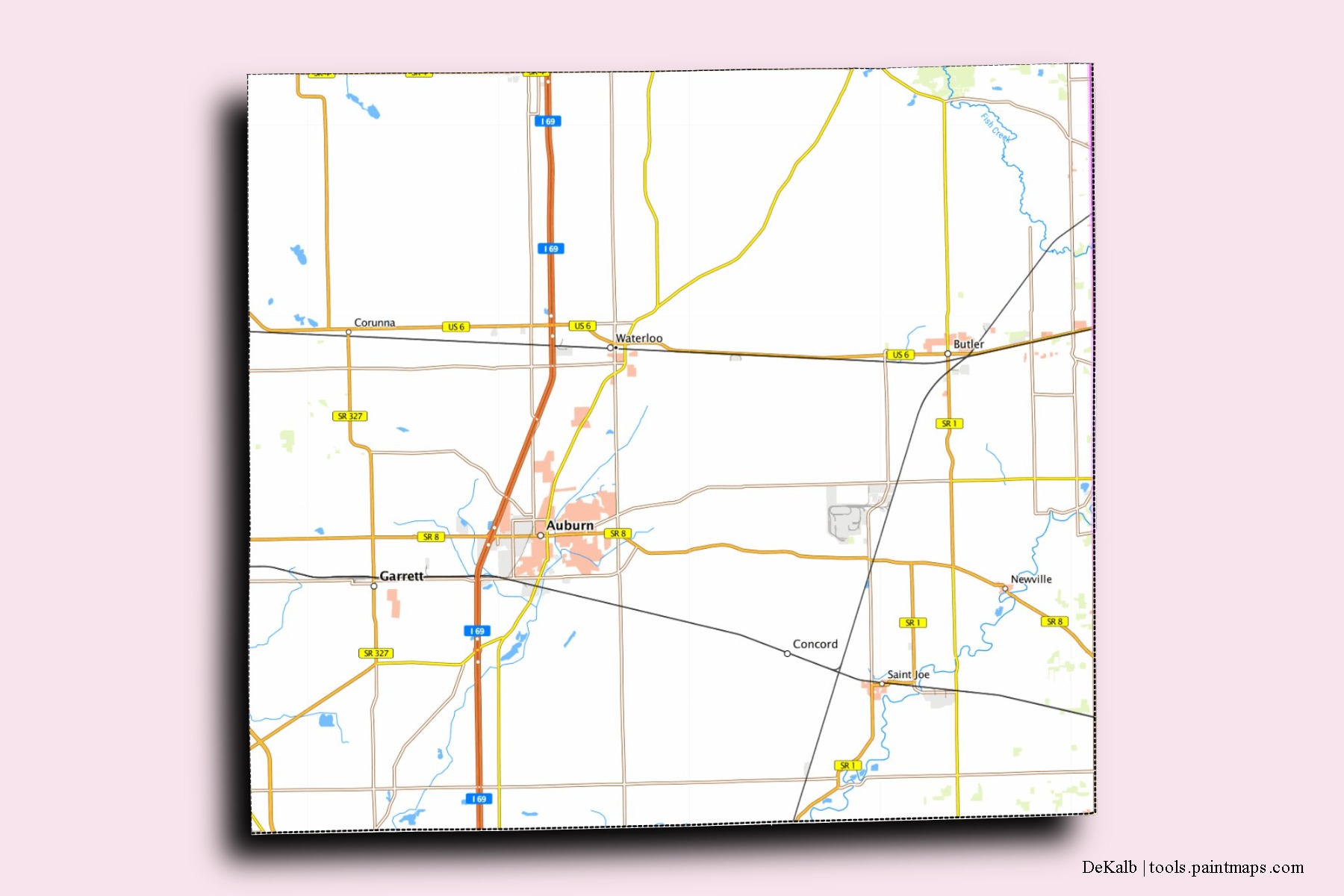 DeKalb neighborhoods and villages map with 3D shadow effect