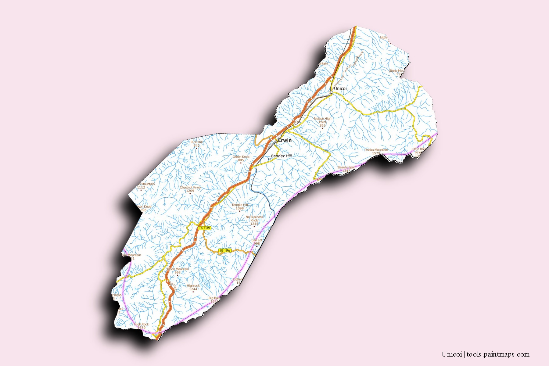 Unicoi neighborhoods and villages map with 3D shadow effect