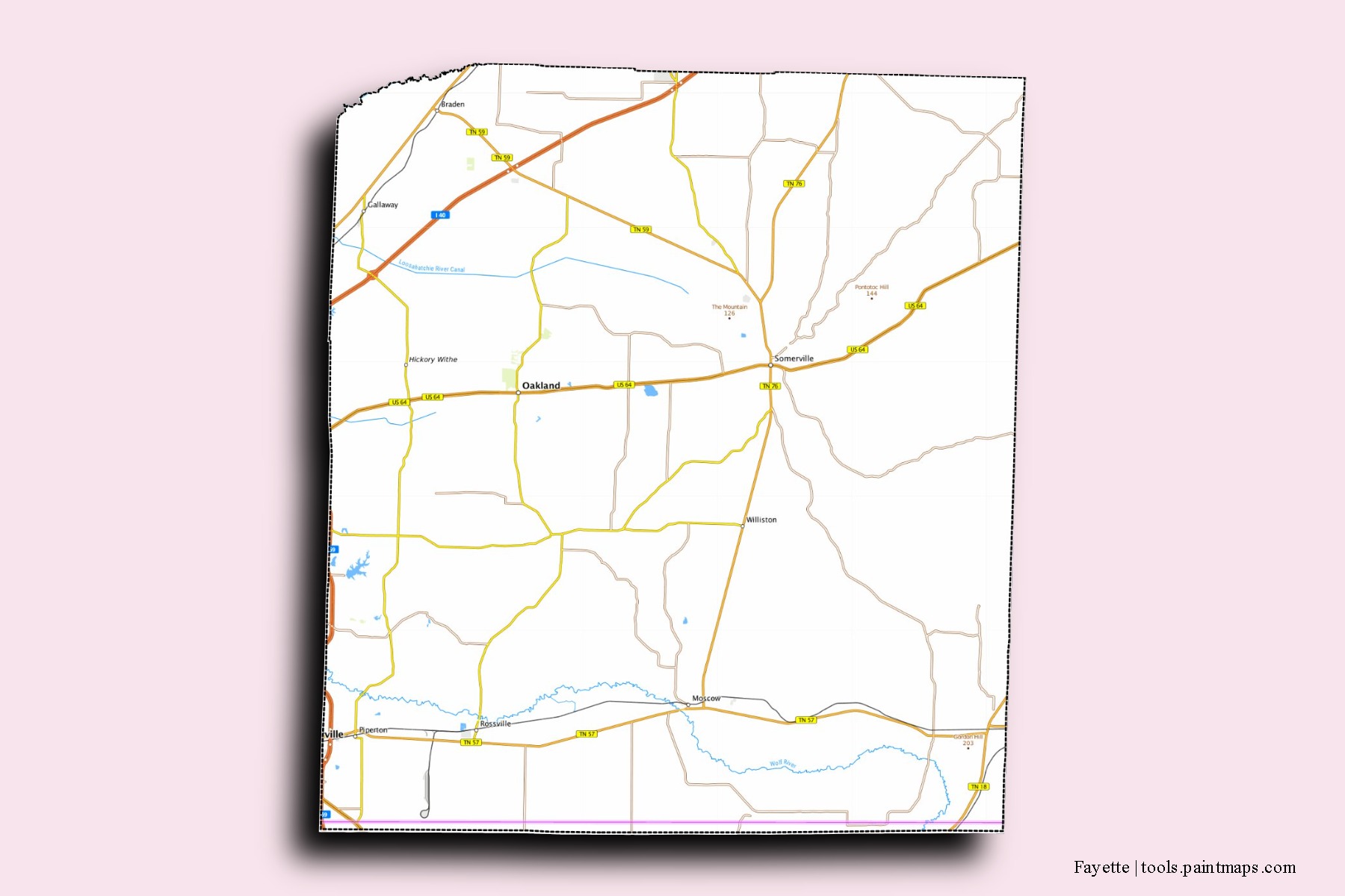 Fayette neighborhoods and villages map with 3D shadow effect