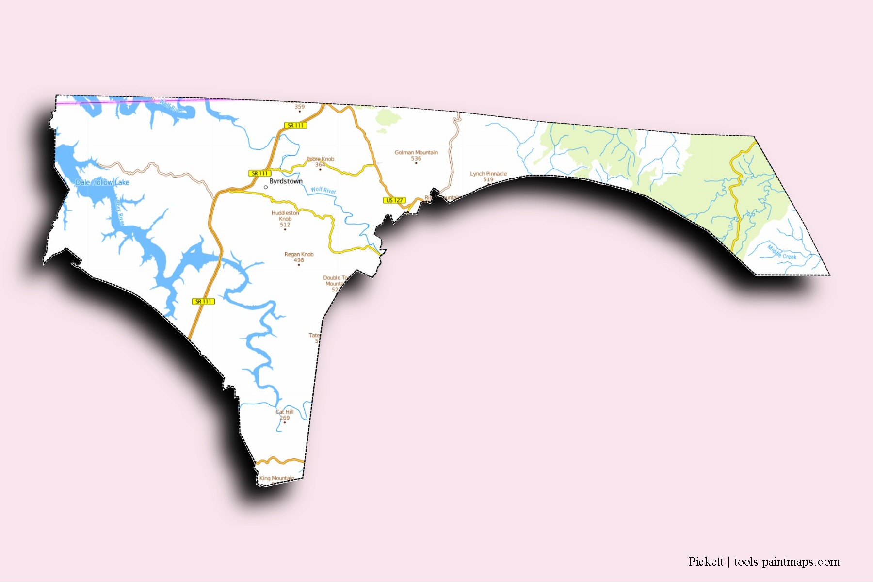 Mapa de barrios y pueblos de Pickett con efecto de sombra 3D