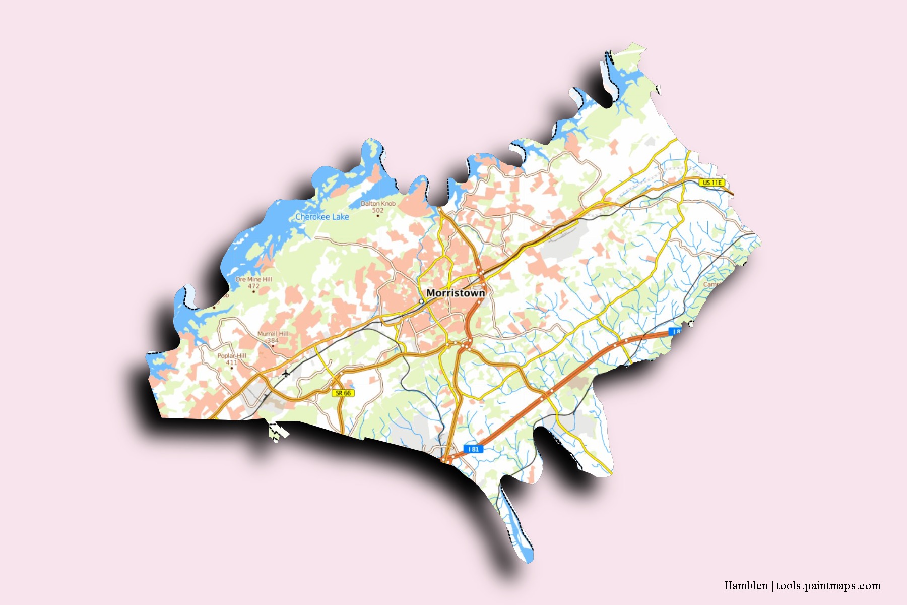 Hamblen neighborhoods and villages map with 3D shadow effect