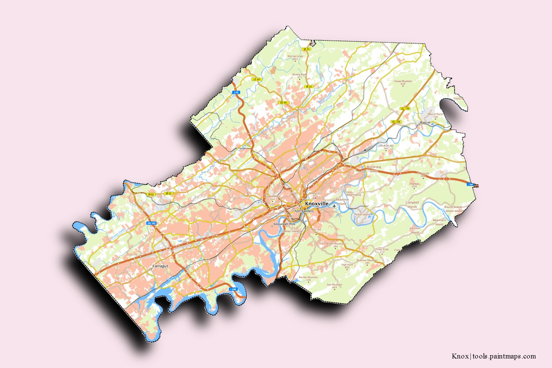 Knox neighborhoods and villages map with 3D shadow effect