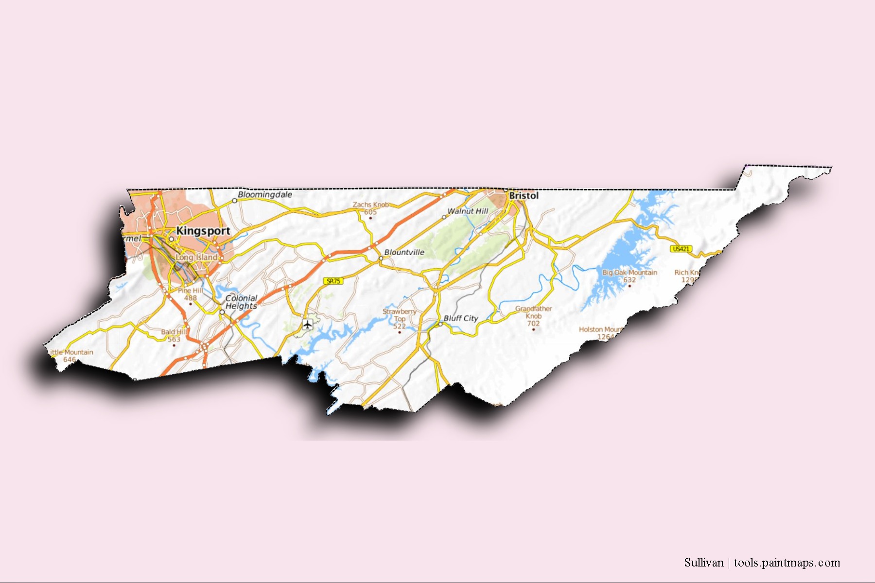 Sullivan neighborhoods and villages map with 3D shadow effect