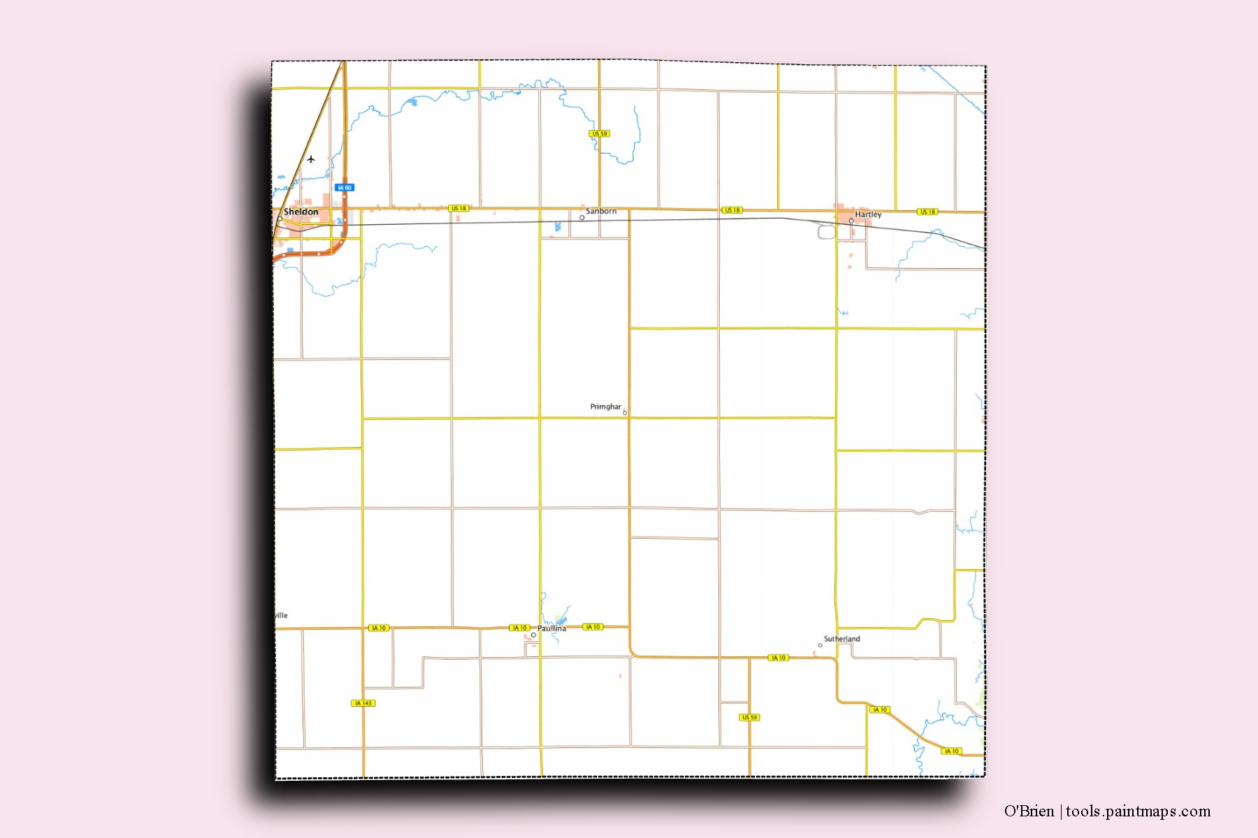 O'Brien neighborhoods and villages map with 3D shadow effect