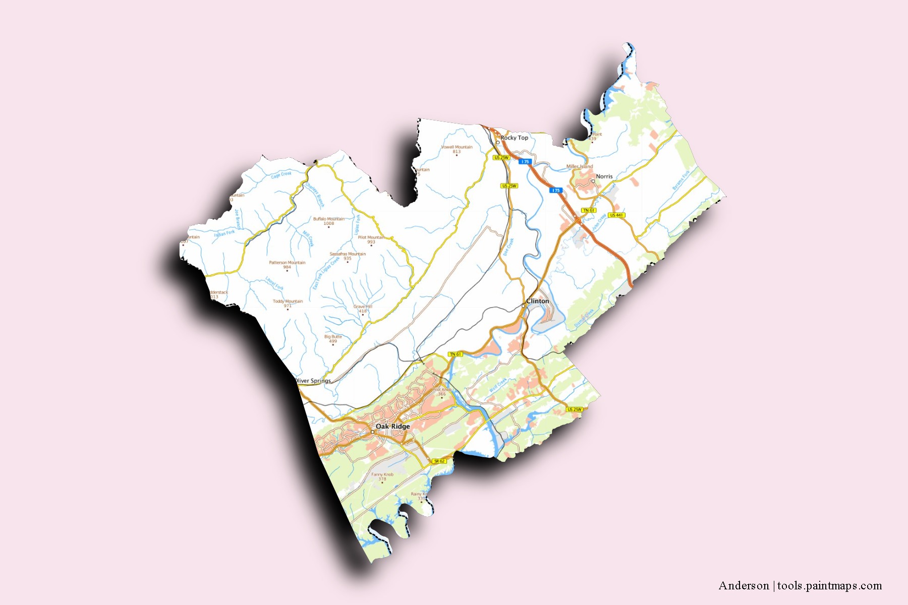 Anderson neighborhoods and villages map with 3D shadow effect