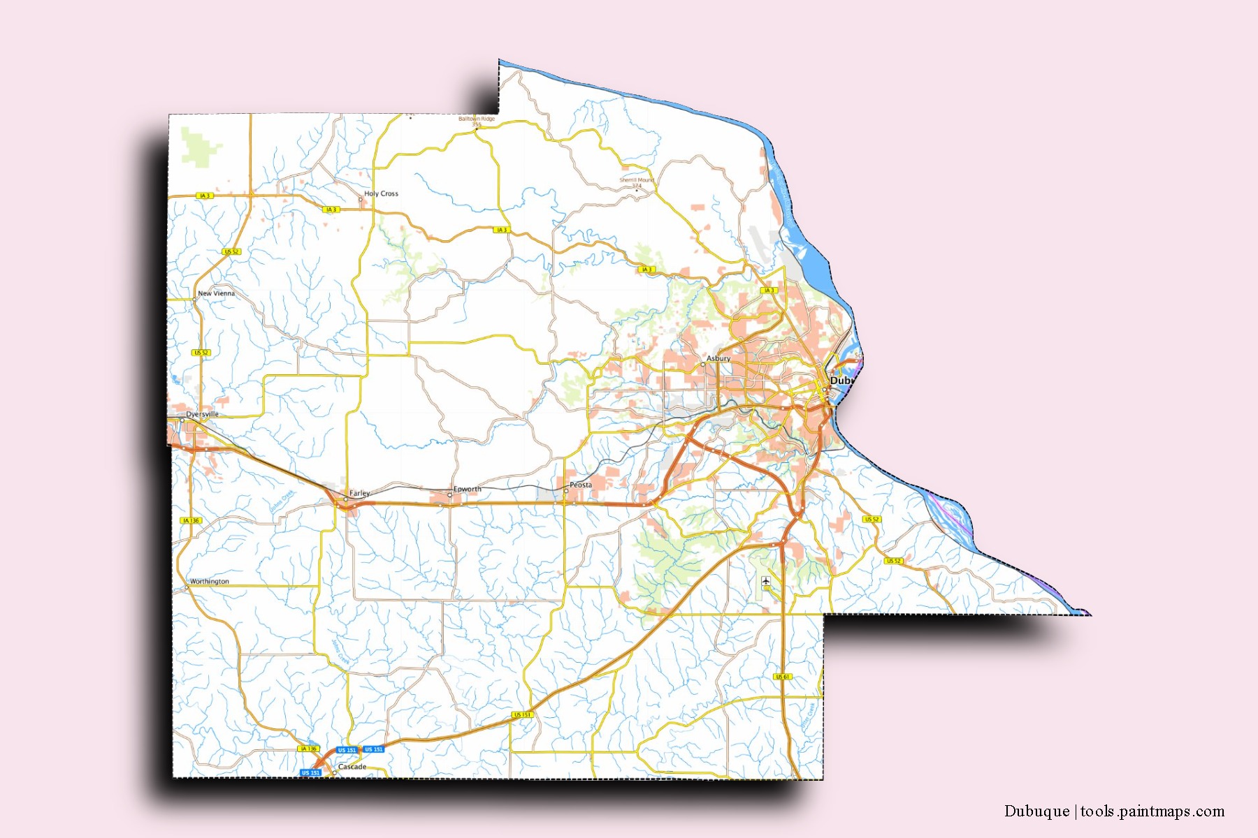 Dubuque neighborhoods and villages map with 3D shadow effect