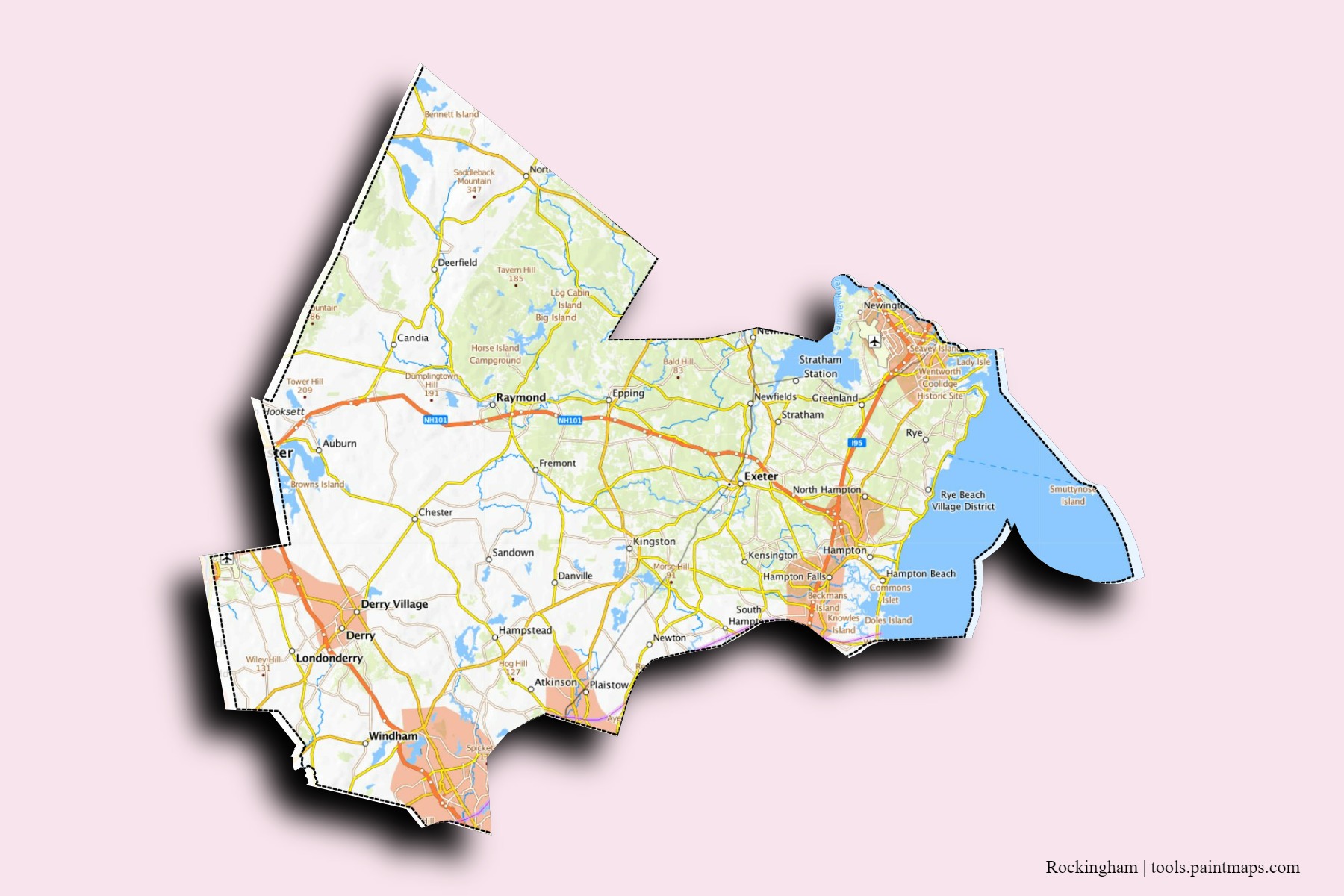 Mapa de barrios y pueblos de Rockingham con efecto de sombra 3D